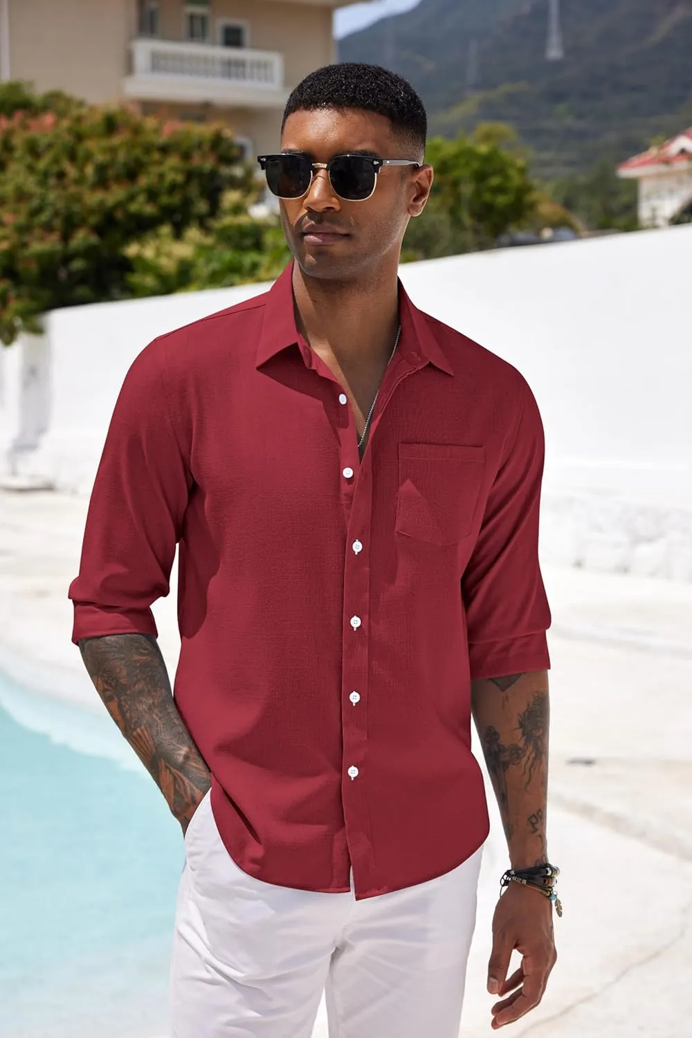 COOFANDY Men's Casual Button Down Shirt Long Sleeve Linen Chambray Shirt