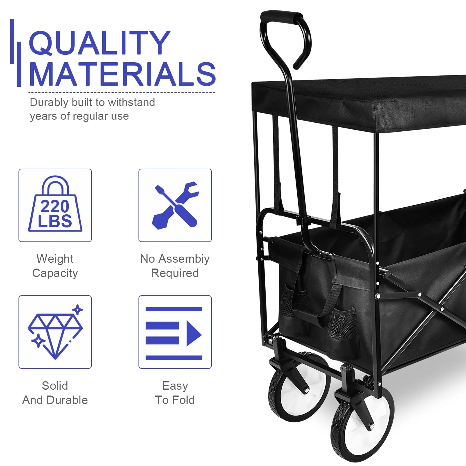 COOKCOK Folding Outdoor Utility Wagon with Removable Canopy,Adjustable Handles Garden Carts,Black