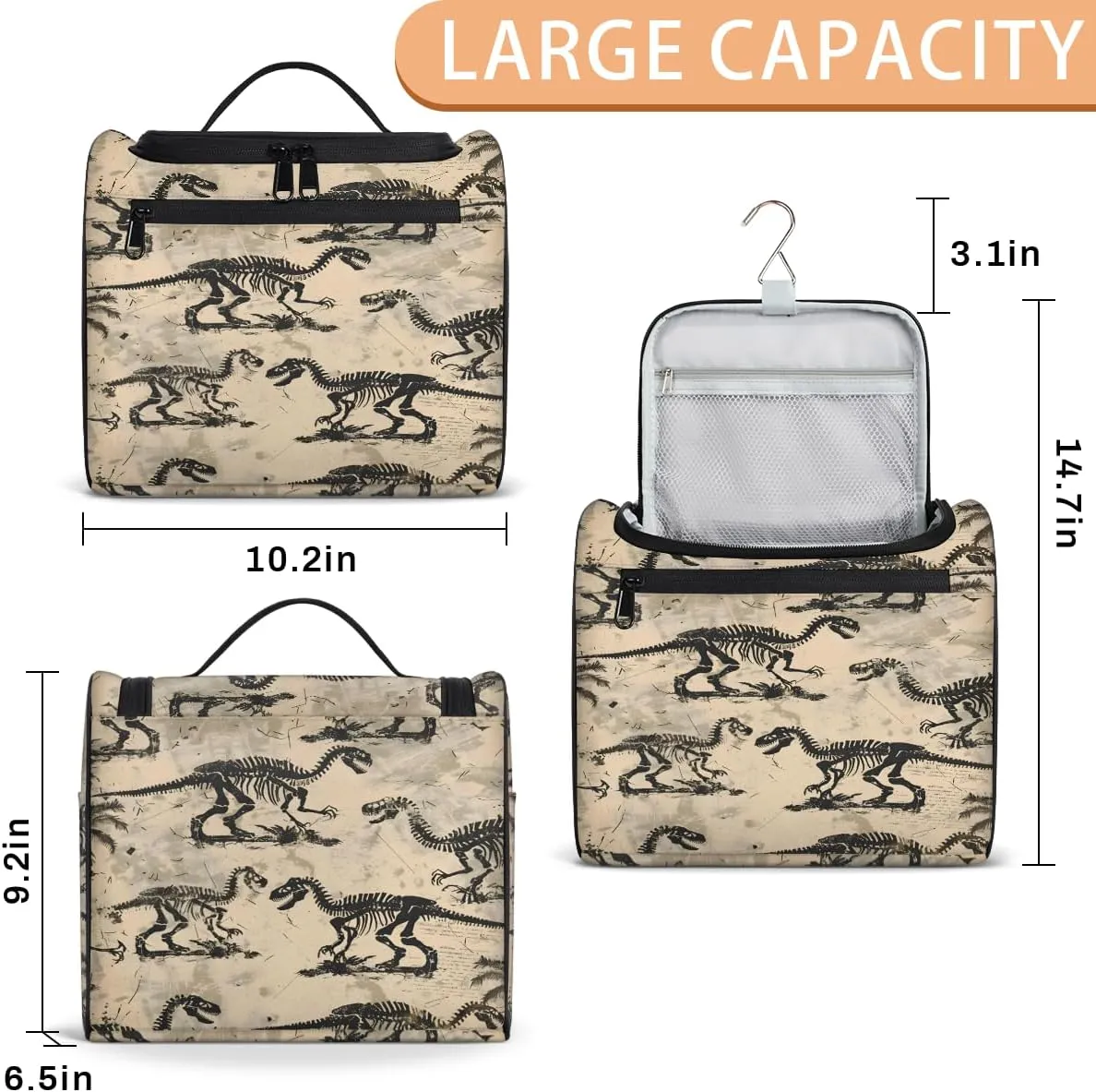Cool Dinosaur Skeleton Travel Toiletry Bag for Men and Women, Large Hanging Makeup Bag Organizer Toiletries Bag for Travel, Cosmetic Bag with Handle
