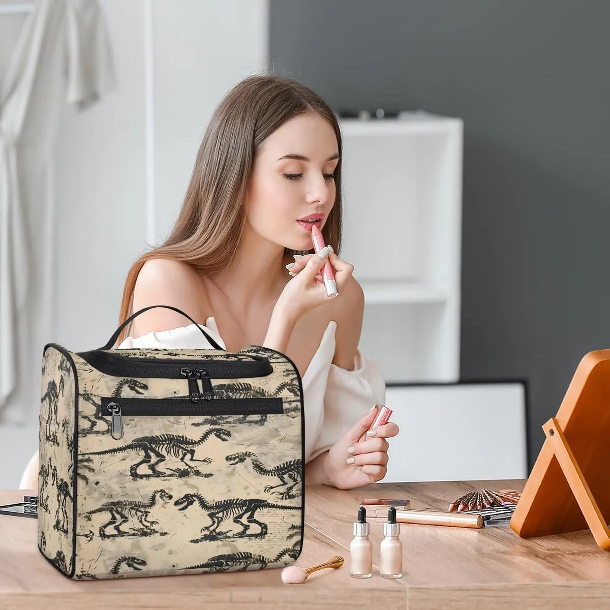 Cool Dinosaur Skeleton Travel Toiletry Bag for Men and Women, Large Hanging Makeup Bag Organizer Toiletries Bag for Travel, Cosmetic Bag with Handle