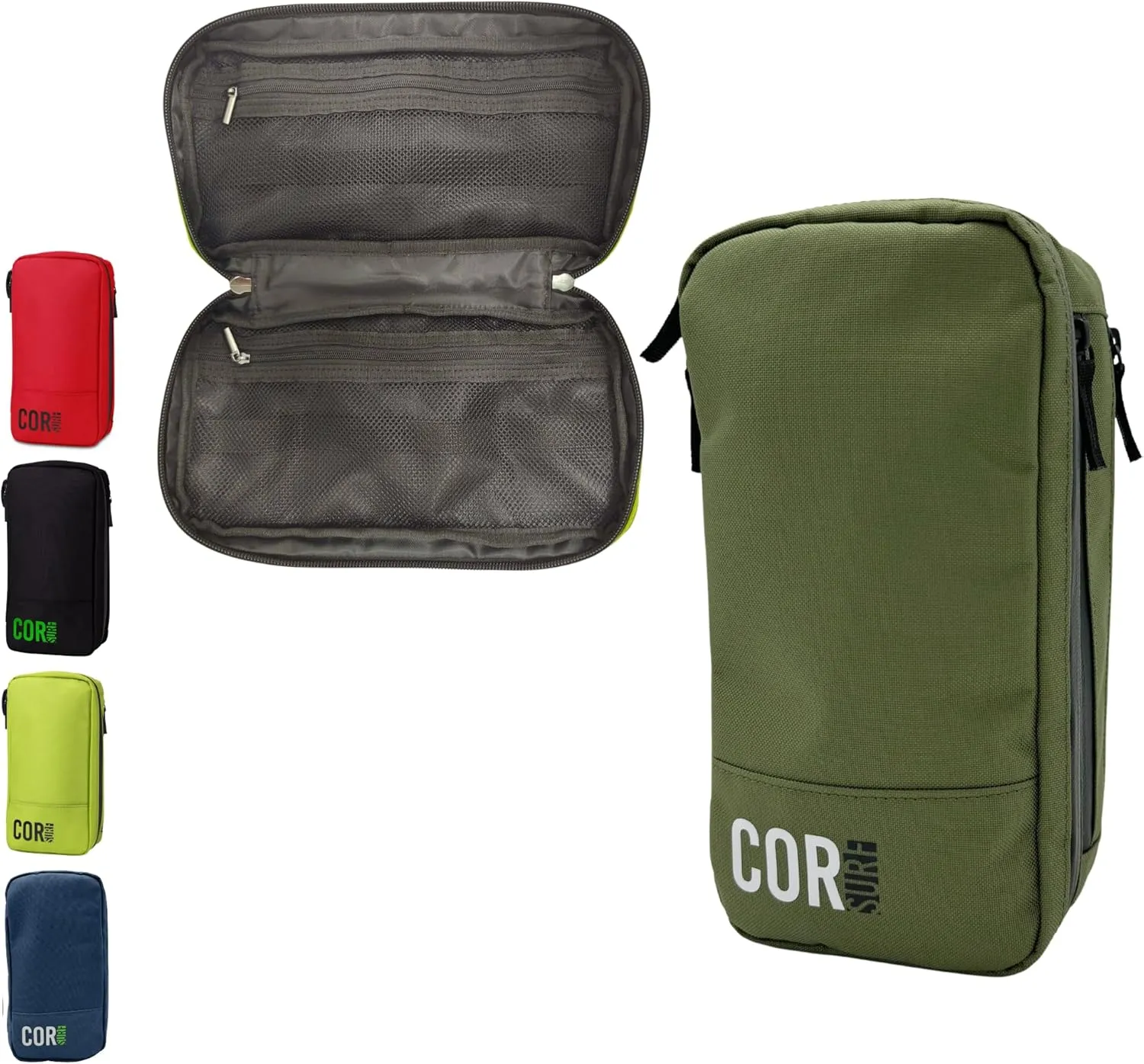 COR Surf Compact Toiletry Travel Bag Hanging, Premium Mens and Women Dopp Kit for Travel | Waterproof with 4 Separate Compartments and Waterproof Zippers (Dark Green)