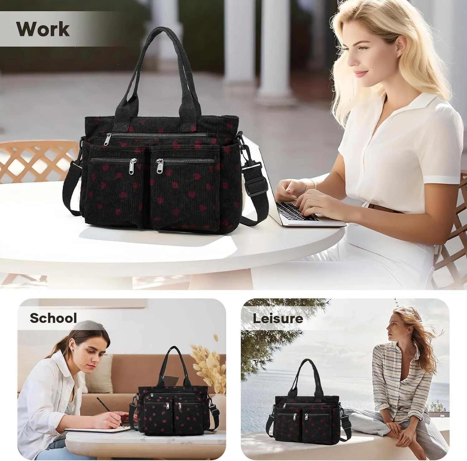Corduroy Tote Bag for Women, Crossbody Bags, Mutil Pockets Handbag Tote Bag for Travel, Work