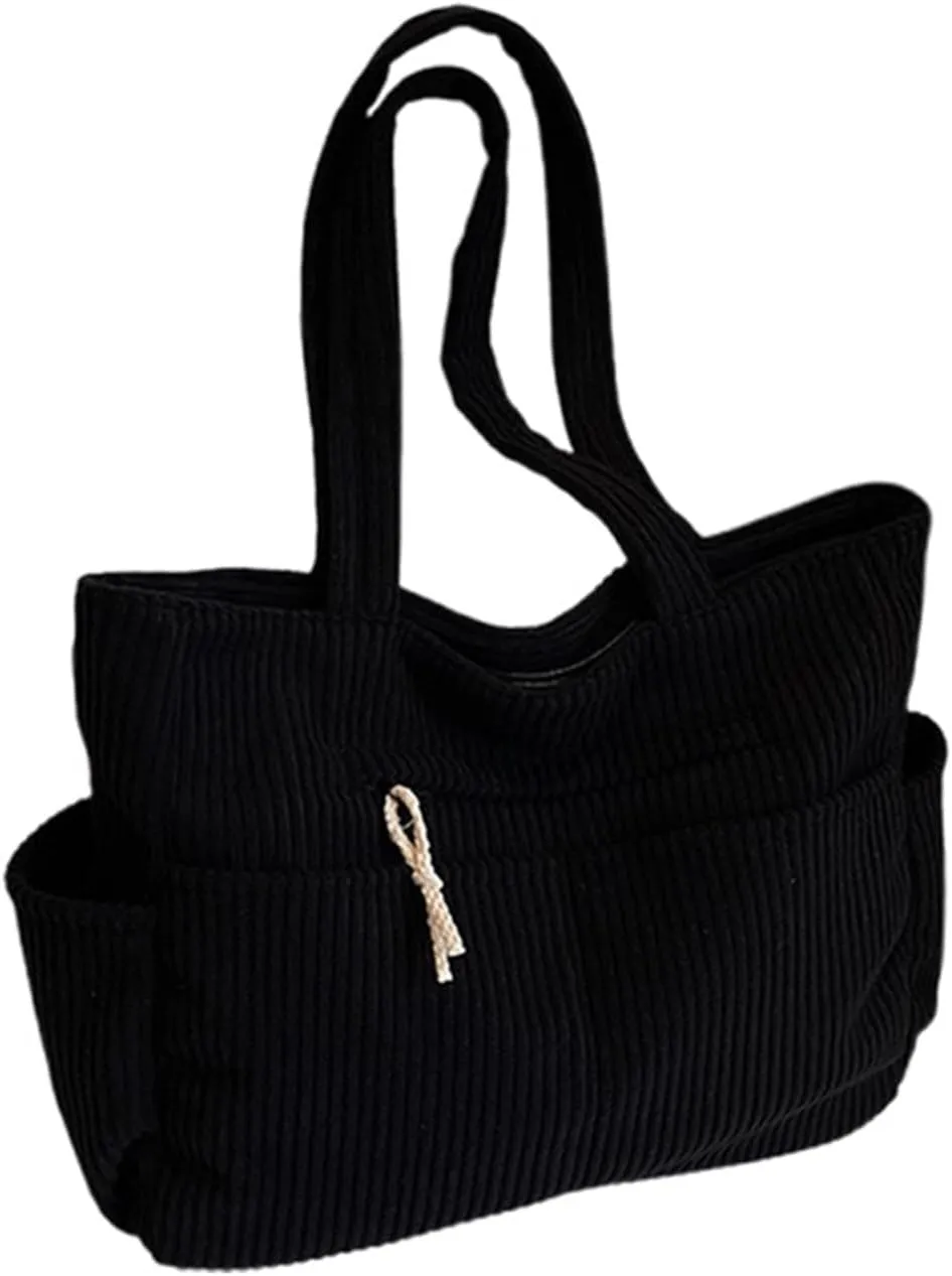 Corduroy Tote Bag for Women, Multiple Pockets Large Hobo Shoulder Bag for Office & Shopping, Zipper Casual Handbags