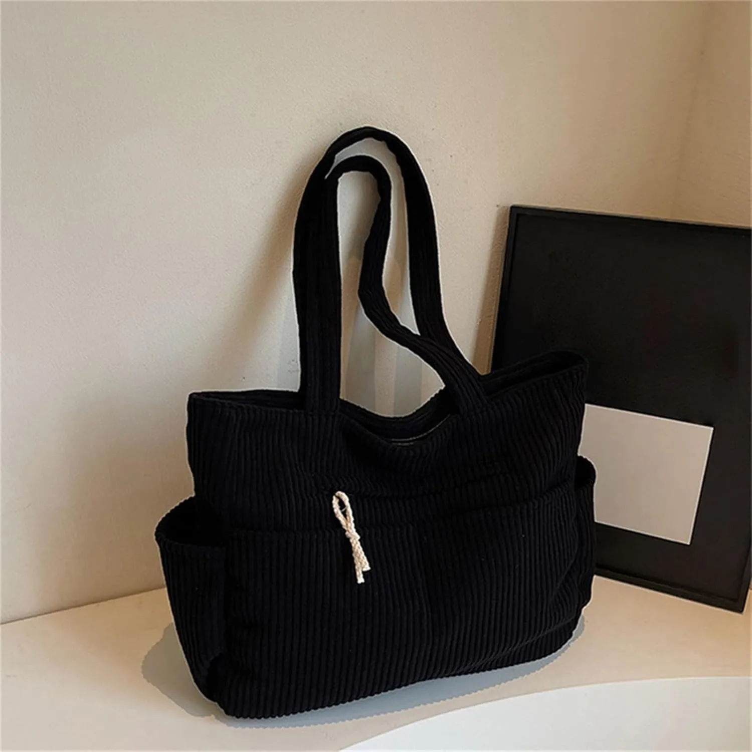 Corduroy Tote Bag for Women, Multiple Pockets Large Hobo Shoulder Bag for Office & Shopping, Zipper Casual Handbags