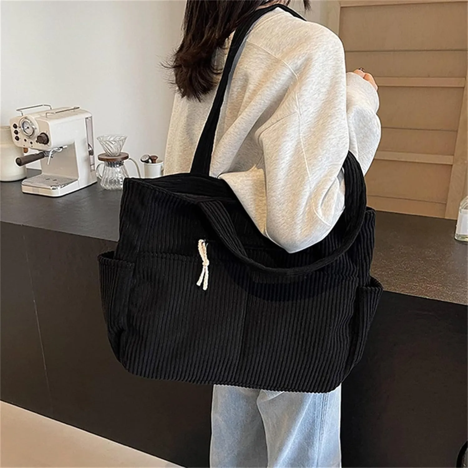 Corduroy Tote Bag for Women, Multiple Pockets Large Hobo Shoulder Bag for Office & Shopping, Zipper Casual Handbags