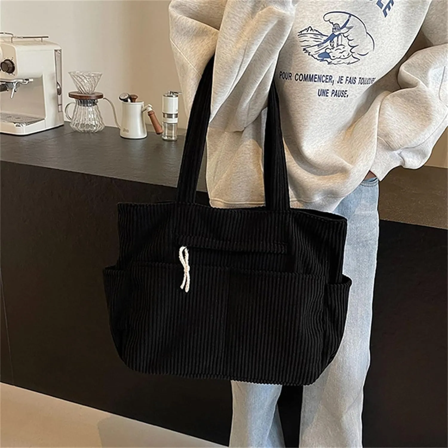 Corduroy Tote Bag for Women, Multiple Pockets Large Hobo Shoulder Bag for Office & Shopping, Zipper Casual Handbags