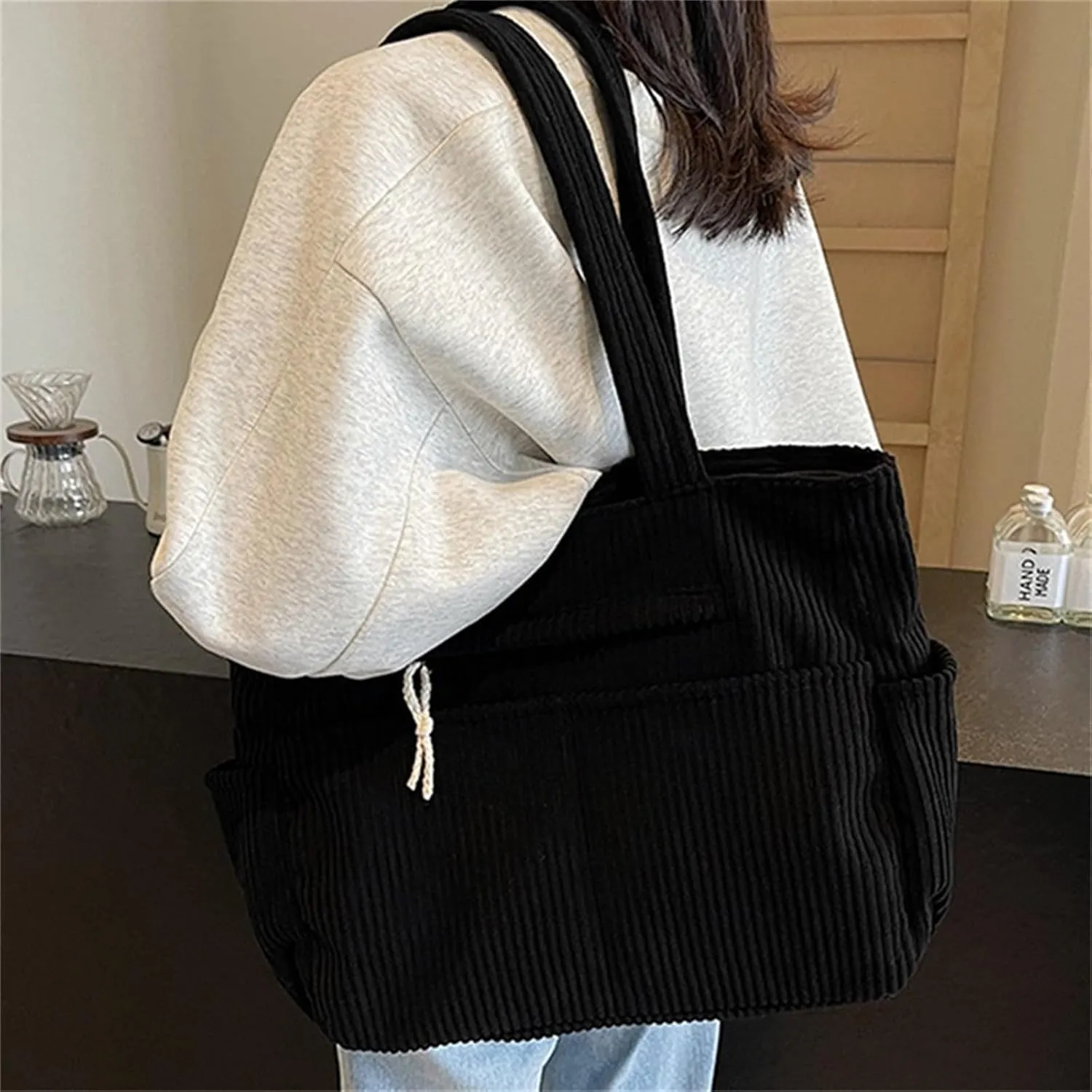 Corduroy Tote Bag for Women, Multiple Pockets Large Hobo Shoulder Bag for Office & Shopping, Zipper Casual Handbags