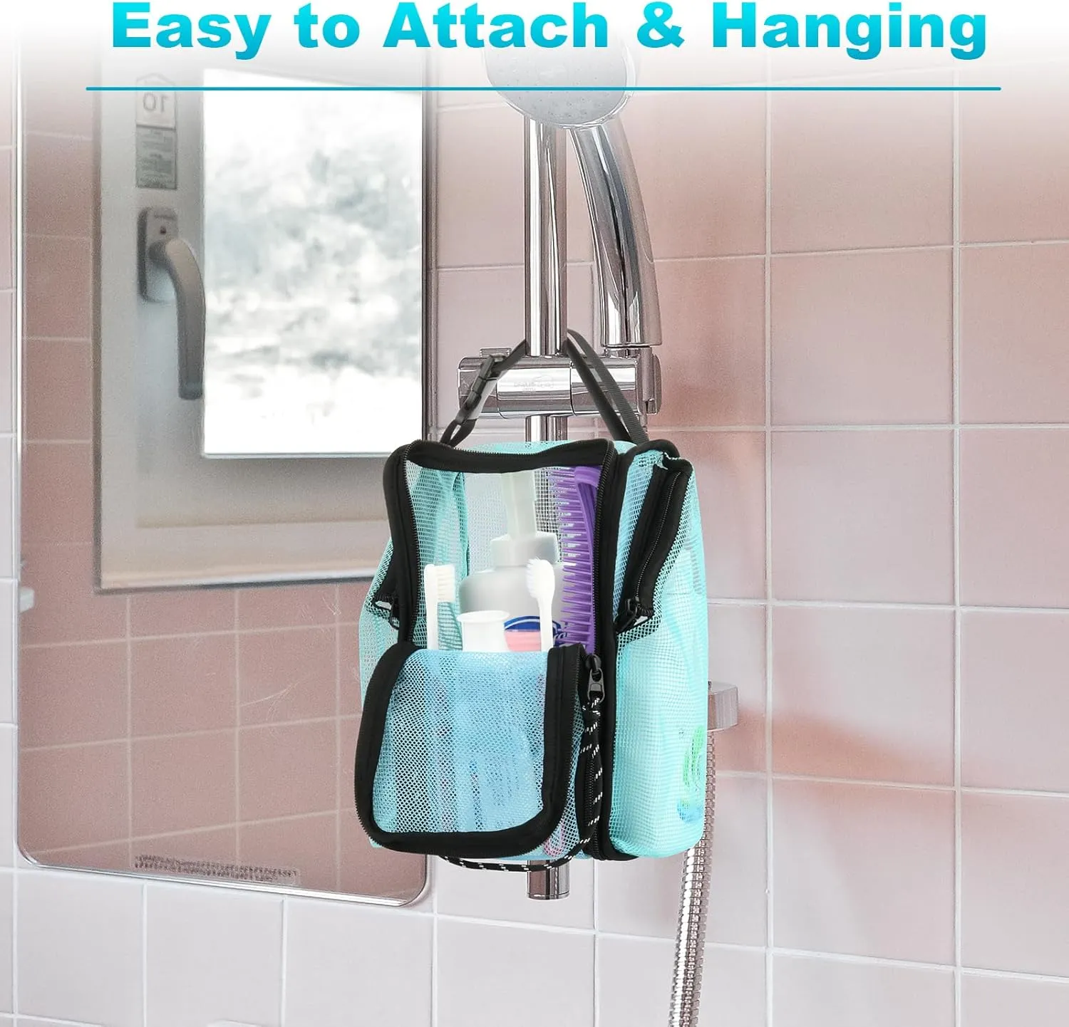 Cosmos Mesh Shower Caddy Toiletry Organizer Hanging Shower Tote Bag, Quick Dry Shower Organizer Portable Bath Bag with Durable Zippers & Side Pockets for Travel Gym Swimming Beach & Camp (Aqua Blue)