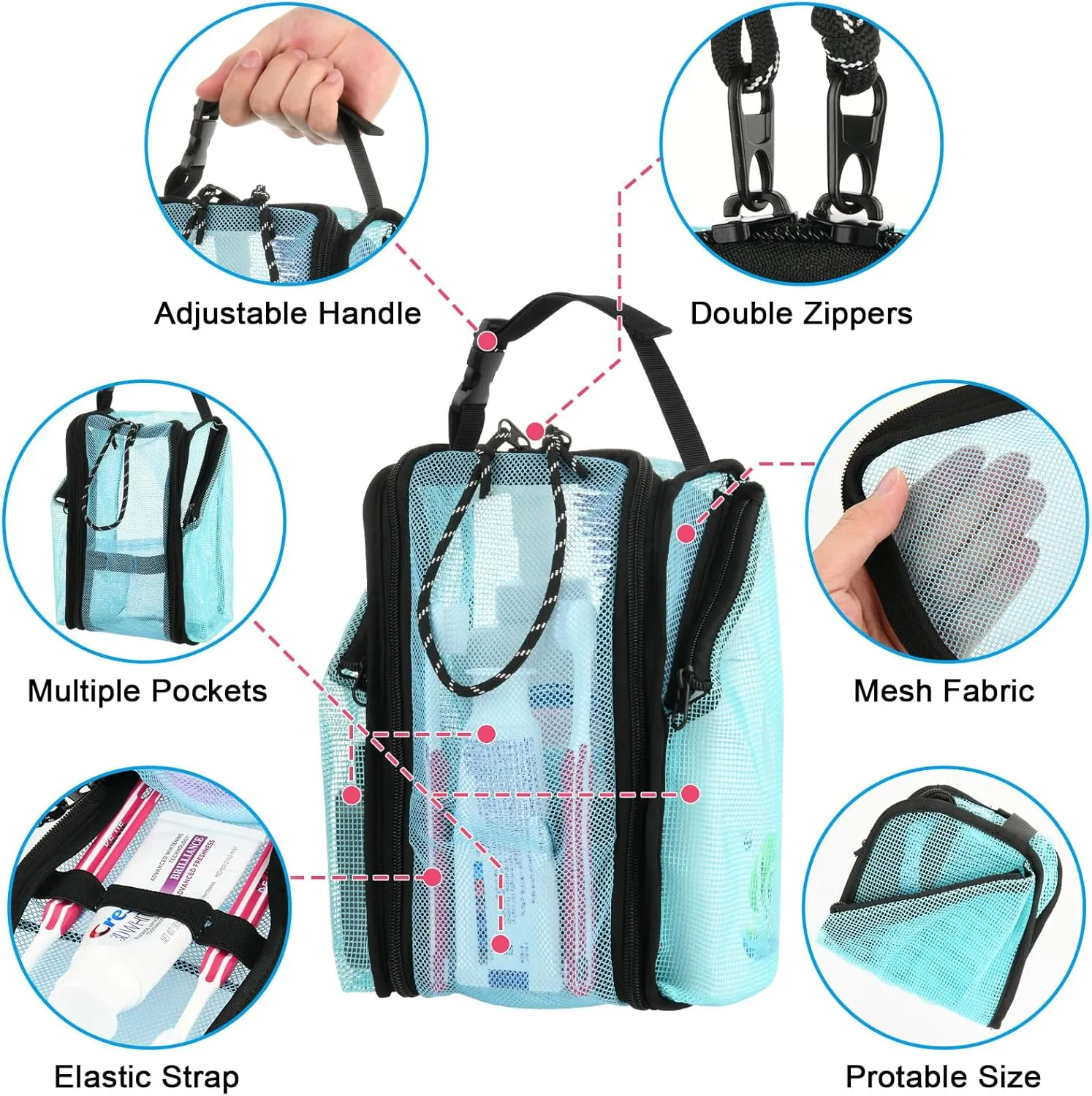 Cosmos Mesh Shower Caddy Toiletry Organizer Hanging Shower Tote Bag, Quick Dry Shower Organizer Portable Bath Bag with Durable Zippers & Side Pockets for Travel Gym Swimming Beach & Camp (Aqua Blue)