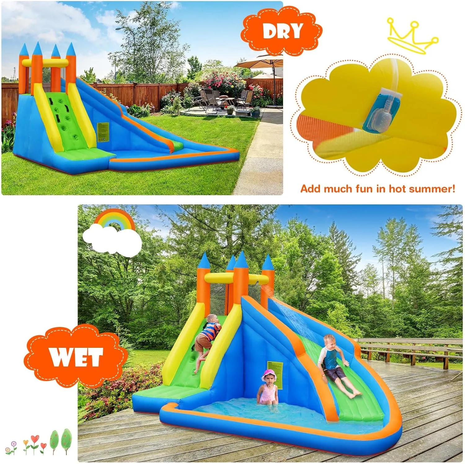 Costzon Inflatable Water Slide, Giant Bouncy Waterslide Park for Kids Backyard Outdoor Fun w/ 950w Blower, Climbing, Splash Pool, 2-pcs, Blow up Water Slides Inflatables for Kids Party Gift