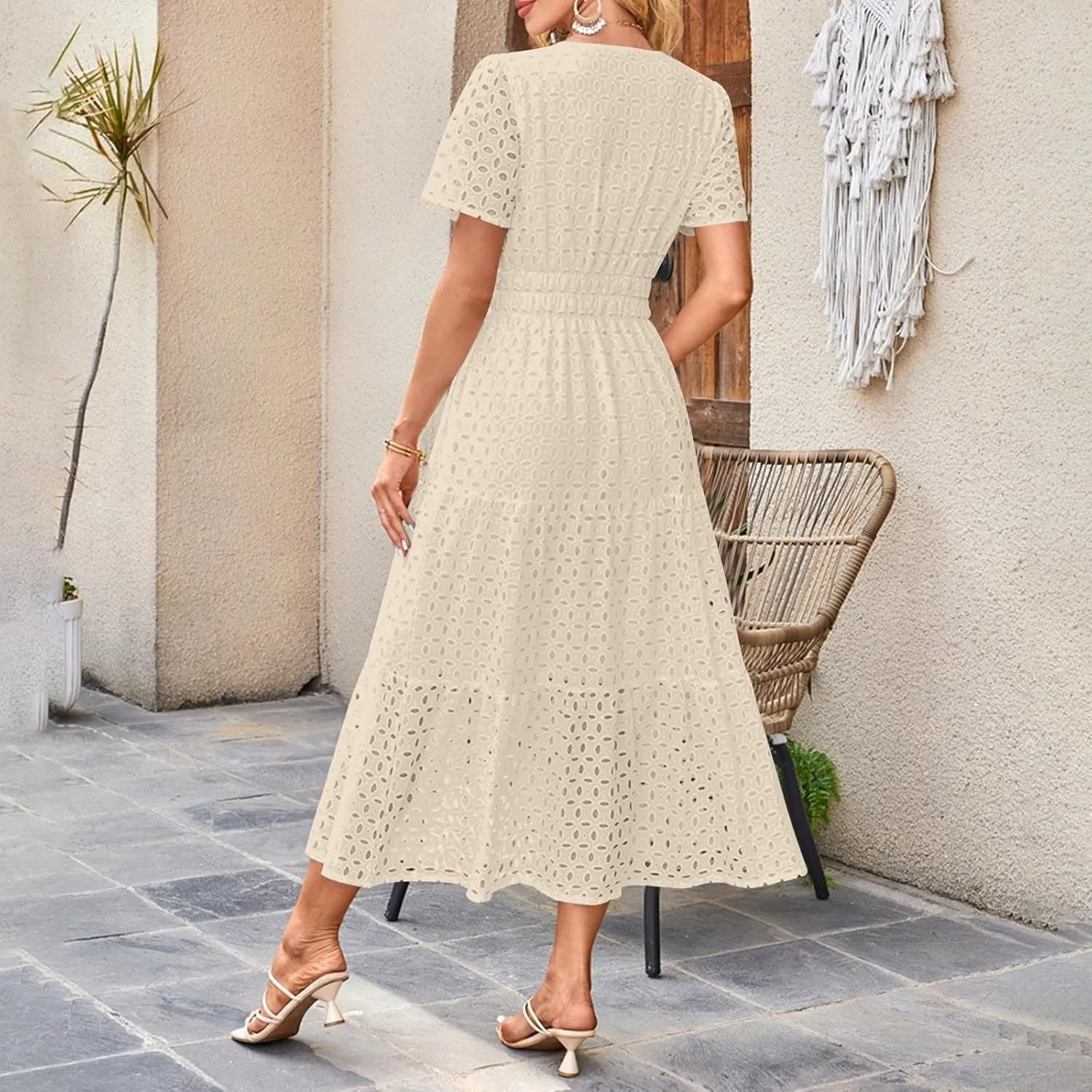 Cotton Eyelet Lace Tie Dress for Women Casual Summer Dress with Pockets and Short Sleeves