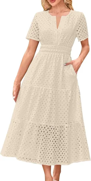 Cotton Eyelet Lace Tie Dress for Women Casual Summer Dress with Pockets and Short Sleeves