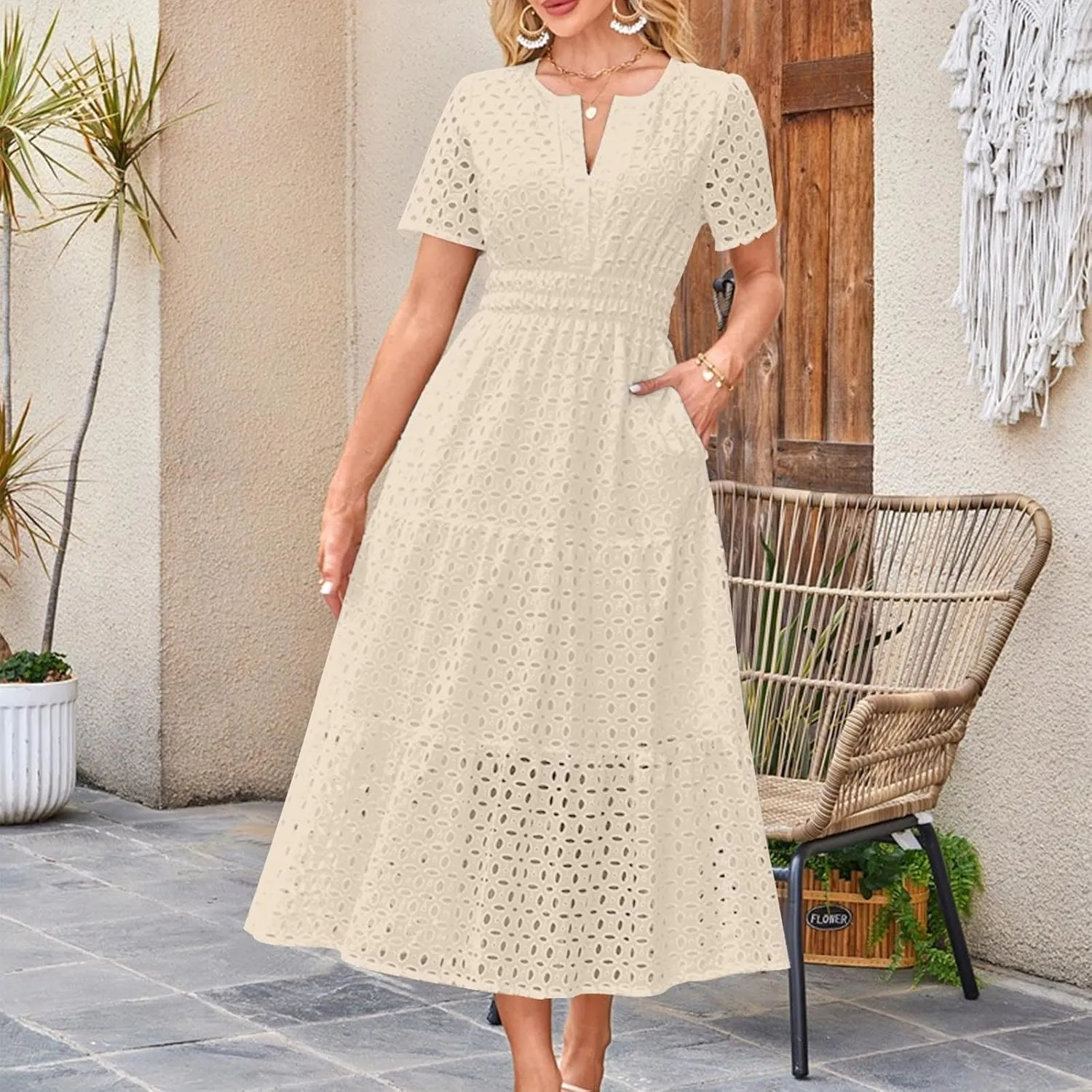 Cotton Eyelet Lace Tie Dress for Women Casual Summer Dress with Pockets and Short Sleeves