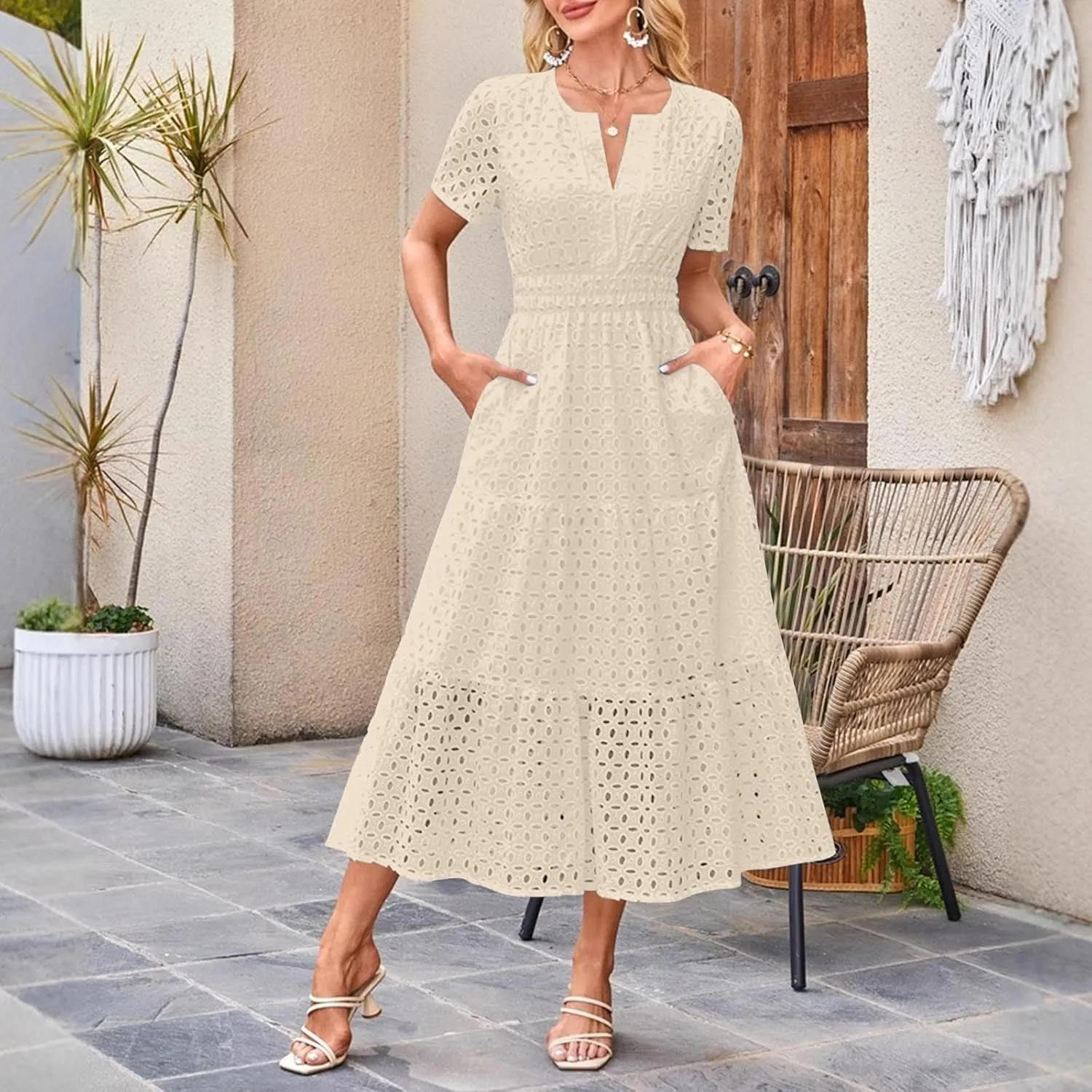 Cotton Eyelet Lace Tie Dress for Women Casual Summer Dress with Pockets and Short Sleeves