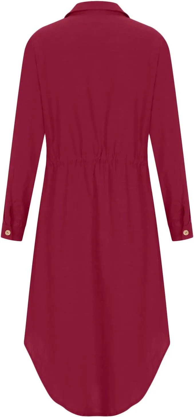 Cotton Linen Dresses for Women 2025 Casual Spring Loose Lapel Drawstring Shirt Dress Solid Color Button Dress
