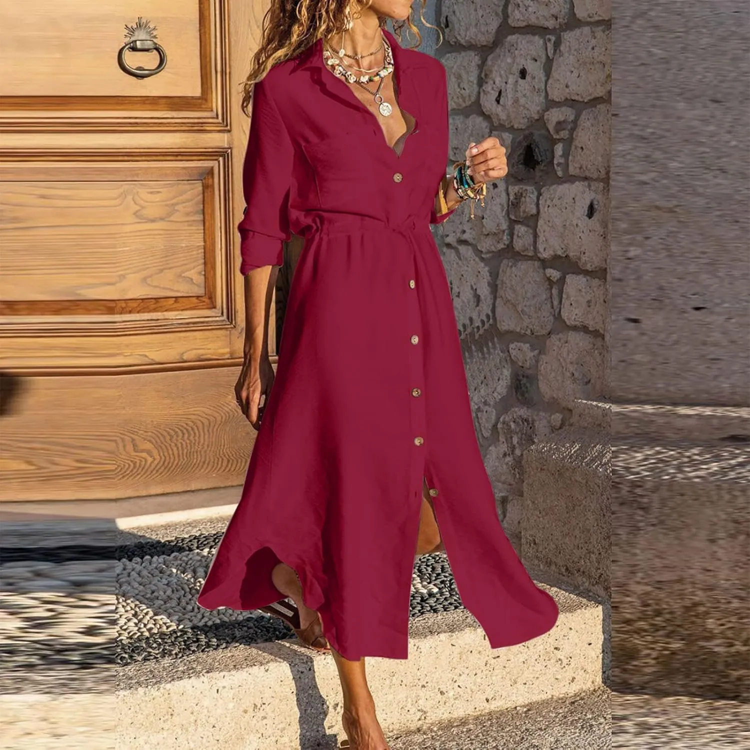 Cotton Linen Dresses for Women 2025 Casual Spring Loose Lapel Drawstring Shirt Dress Solid Color Button Dress