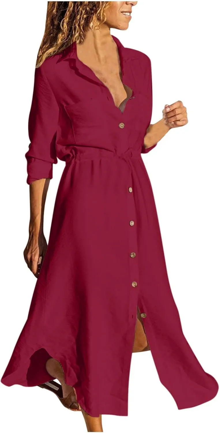 Cotton Linen Dresses for Women 2025 Casual Spring Loose Lapel Drawstring Shirt Dress Solid Color Button Dress