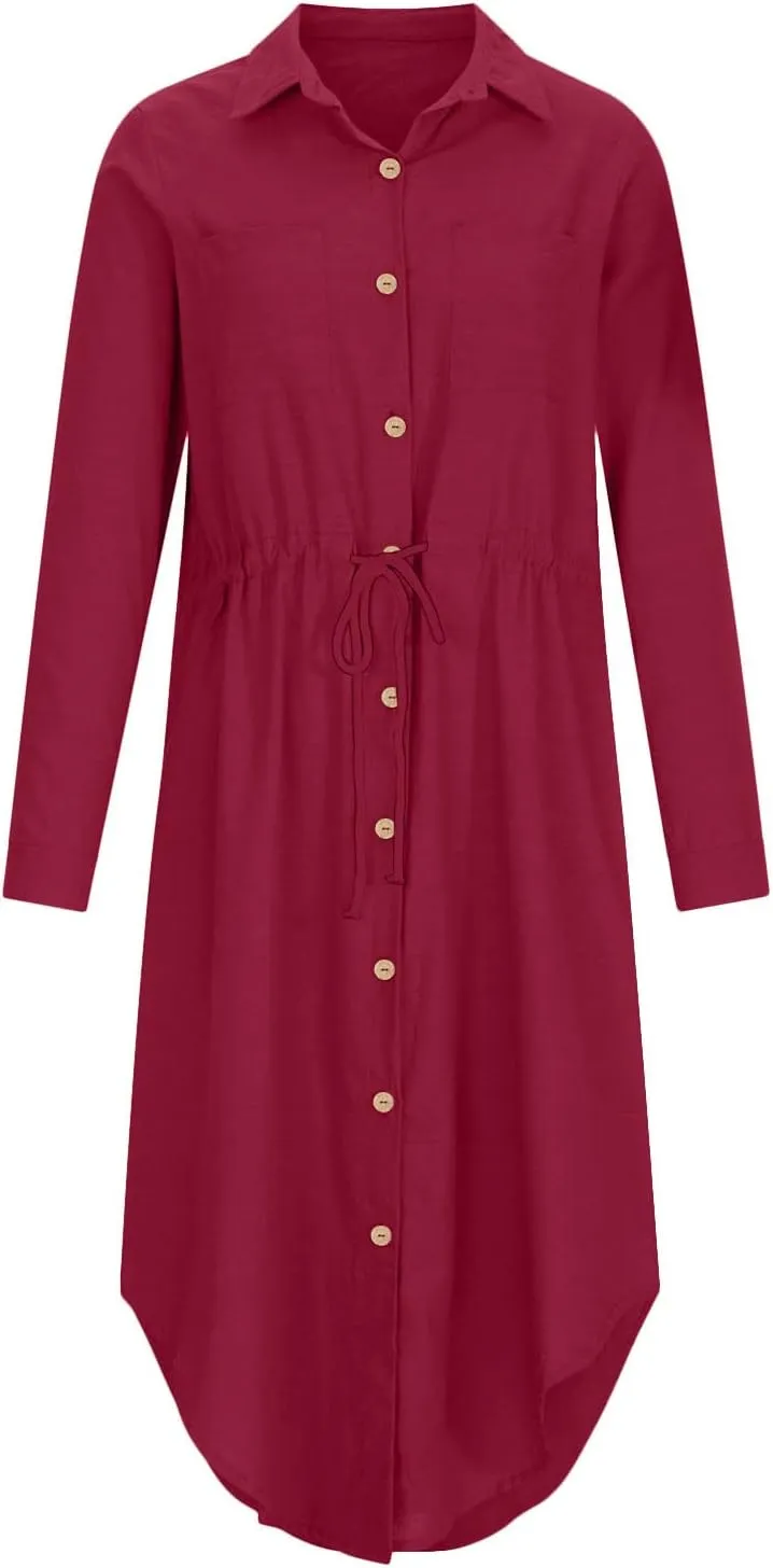 Cotton Linen Dresses for Women 2025 Casual Spring Loose Lapel Drawstring Shirt Dress Solid Color Button Dress