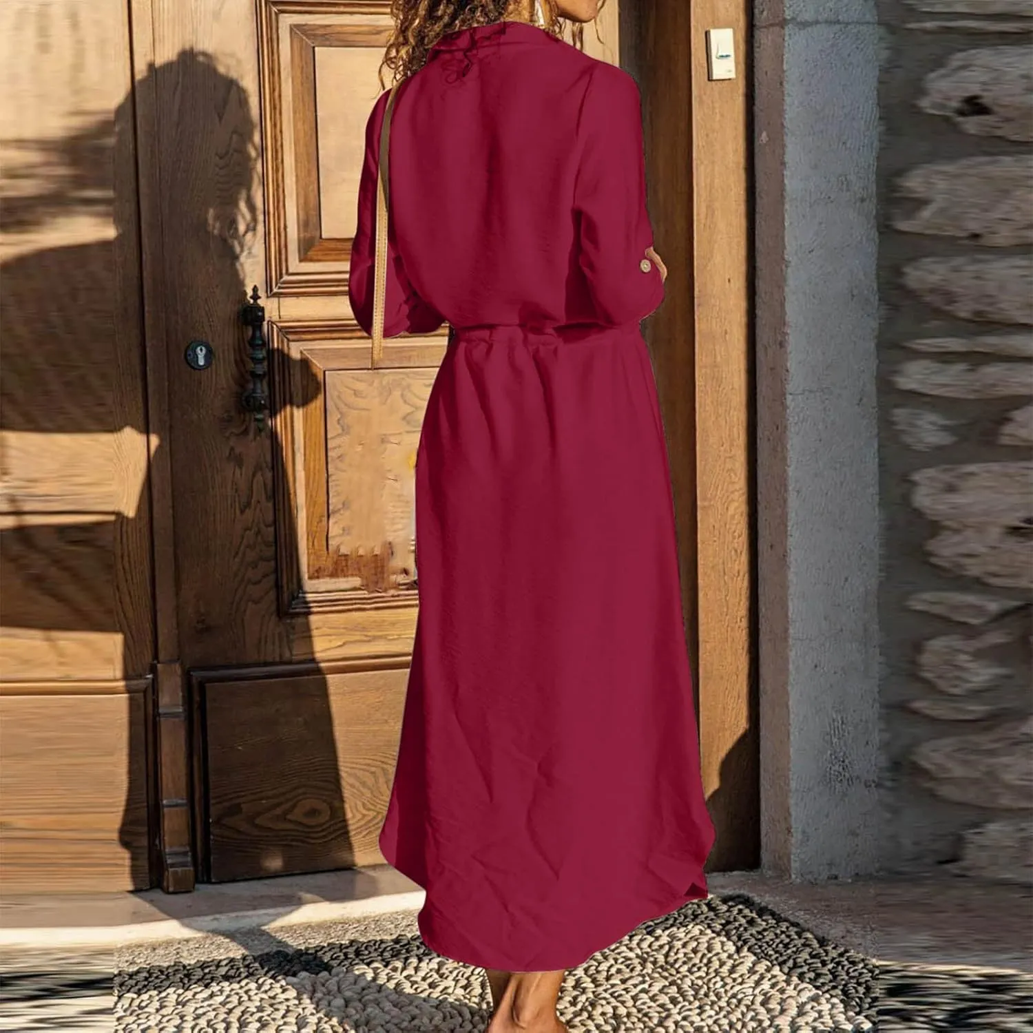Cotton Linen Dresses for Women 2025 Casual Spring Loose Lapel Drawstring Shirt Dress Solid Color Button Dress