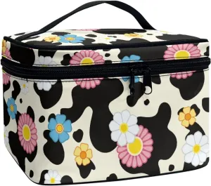 Cow Daisy Flower Makeup Cosmetic Bag for Women Girls Zipper Essentials Dorm Toiletries Accessories Wide Open Brushes Organizer Case with Handle Easy to Clean for Weekend Getaway, Vacation