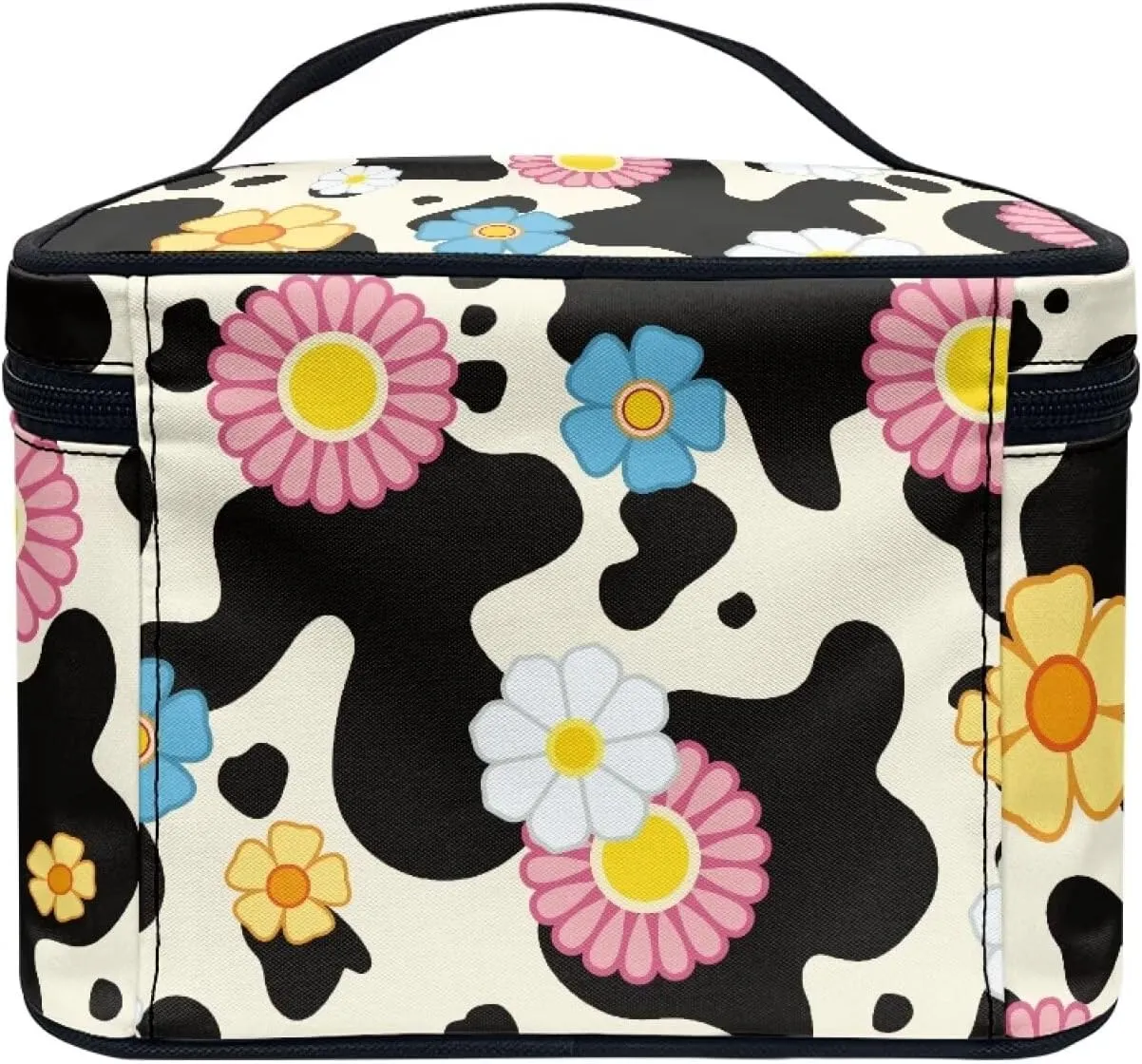 Cow Daisy Flower Makeup Cosmetic Bag for Women Girls Zipper Essentials Dorm Toiletries Accessories Wide Open Brushes Organizer Case with Handle Easy to Clean for Weekend Getaway, Vacation