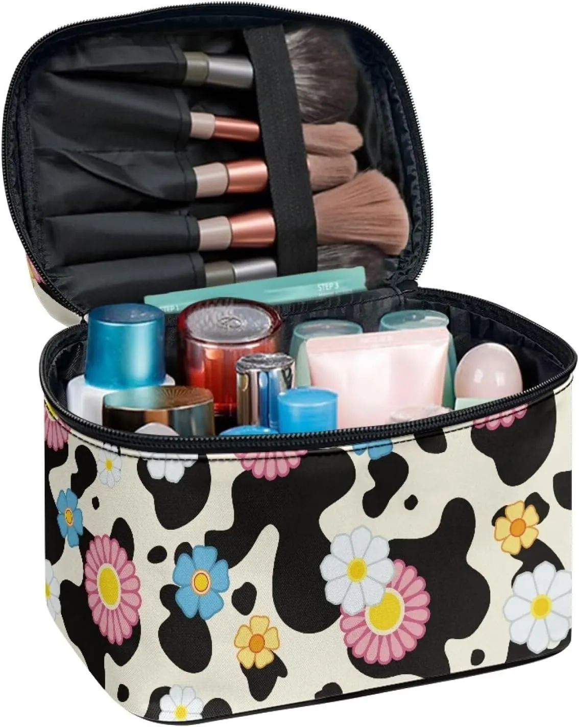 Cow Daisy Flower Makeup Cosmetic Bag for Women Girls Zipper Essentials Dorm Toiletries Accessories Wide Open Brushes Organizer Case with Handle Easy to Clean for Weekend Getaway, Vacation