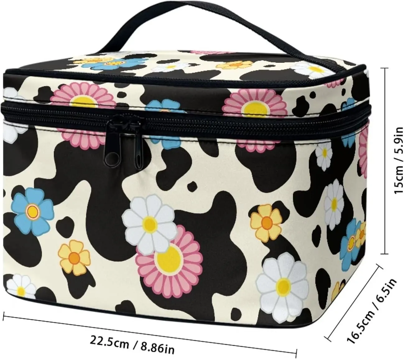 Cow Daisy Flower Makeup Cosmetic Bag for Women Girls Zipper Essentials Dorm Toiletries Accessories Wide Open Brushes Organizer Case with Handle Easy to Clean for Weekend Getaway, Vacation