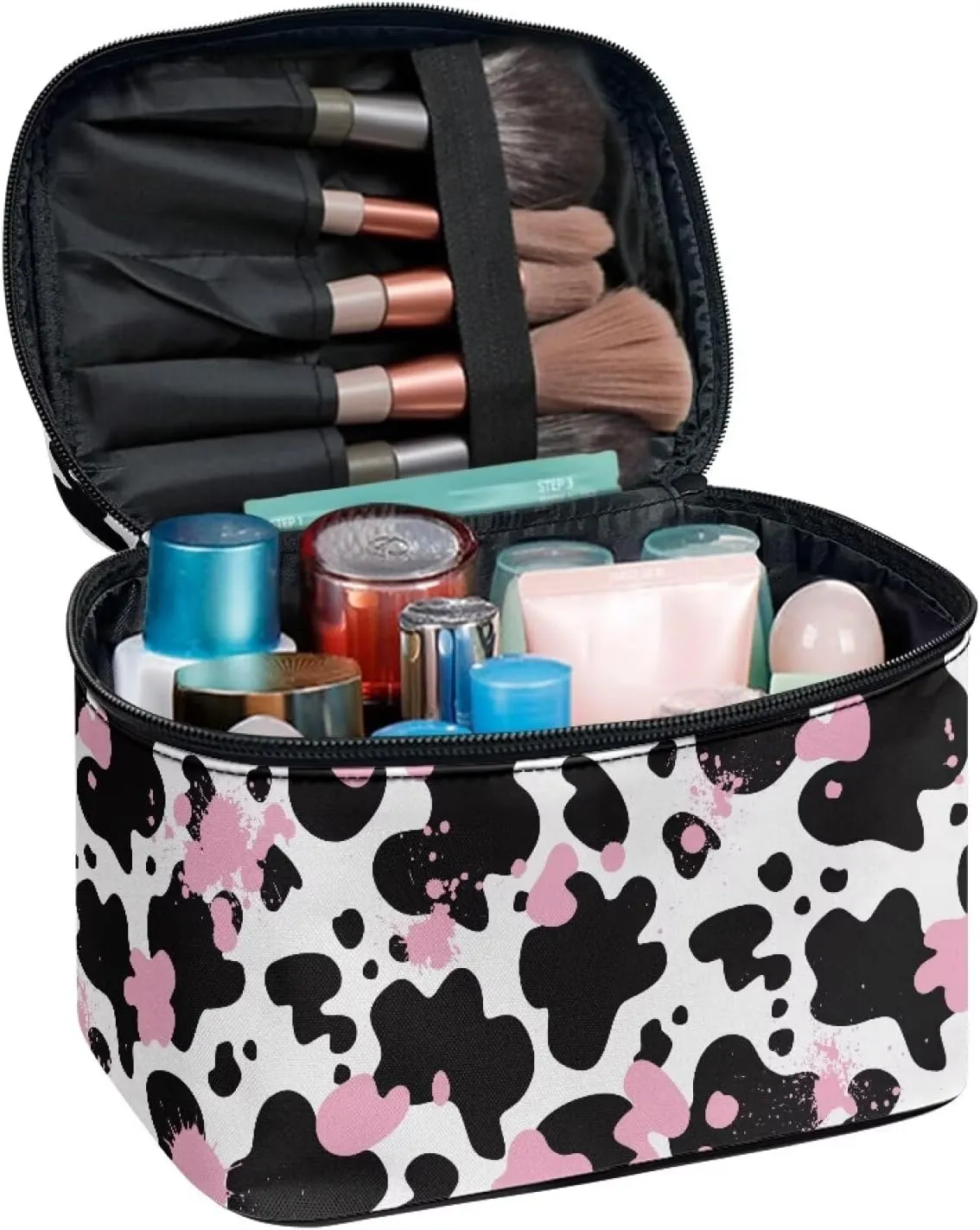 Cow Makeup Cosmetic Bag for Women Girls Zipper Toiletry Bag Holder Portable Brushes Case with Handle Easy to Clean for Weekend Getaways, Vacations, Weekender