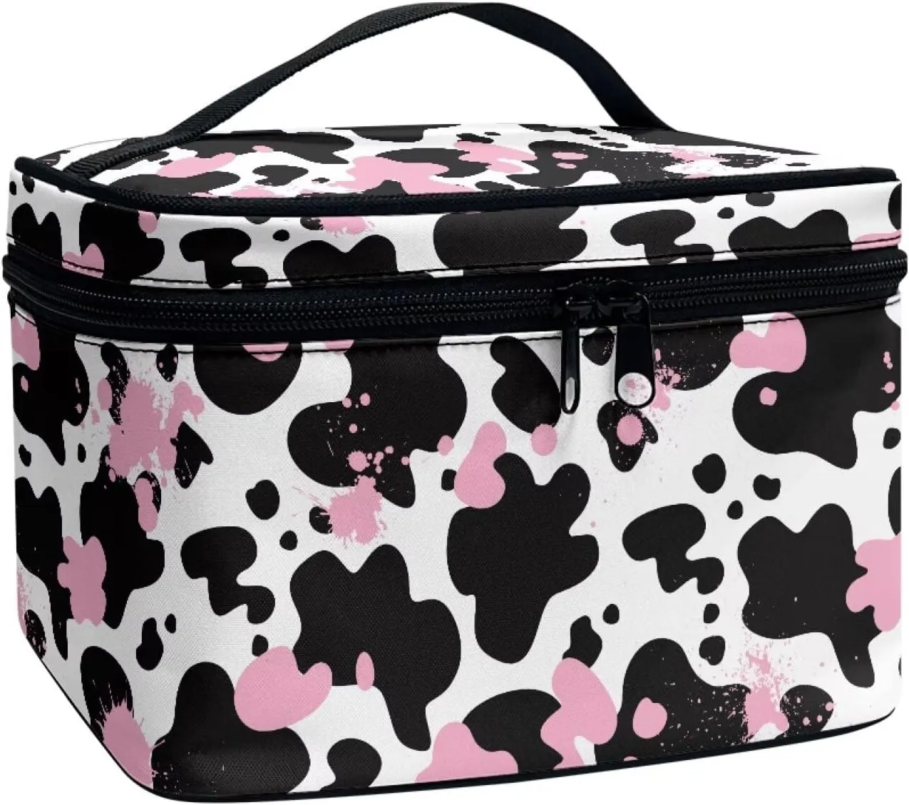 Cow Makeup Cosmetic Bag for Women Girls Zipper Toiletry Bag Holder Portable Brushes Case with Handle Easy to Clean for Weekend Getaways, Vacations, Weekender