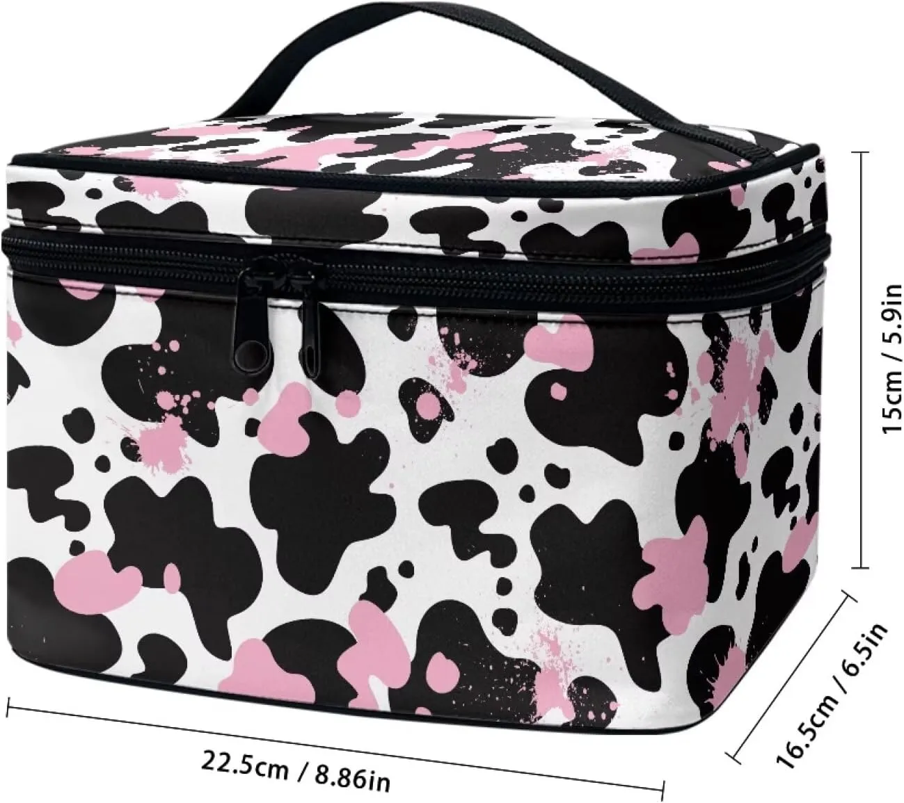 Cow Makeup Cosmetic Bag for Women Girls Zipper Toiletry Bag Holder Portable Brushes Case with Handle Easy to Clean for Weekend Getaways, Vacations, Weekender
