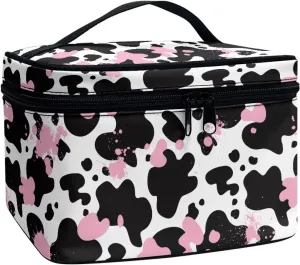 Cow Makeup Cosmetic Bag for Women Girls Zipper Toiletry Bag Holder Portable Brushes Case with Handle Easy to Clean for Weekend Getaways, Vacations, Weekender