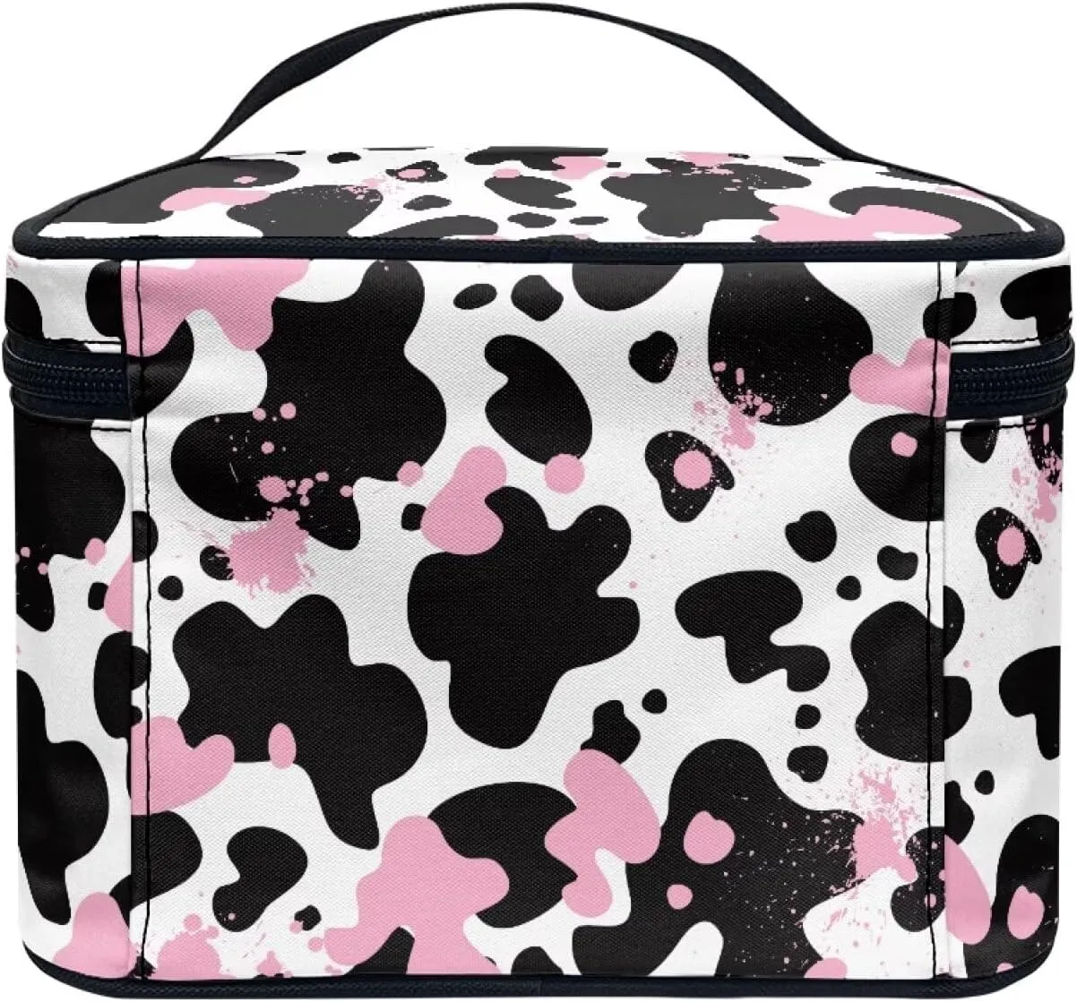 Cow Makeup Cosmetic Bag for Women Girls Zipper Toiletry Bag Holder Portable Brushes Case with Handle Easy to Clean for Weekend Getaways, Vacations, Weekender