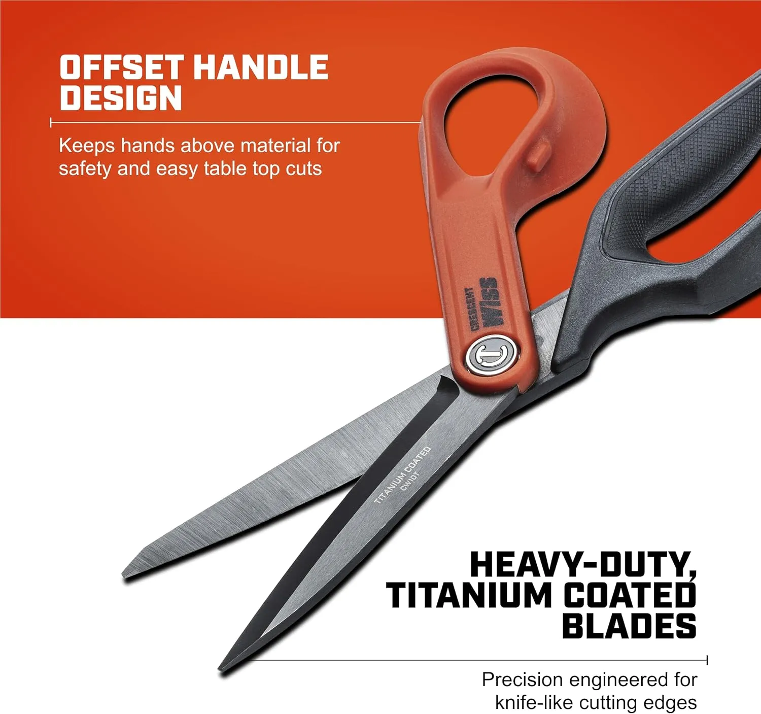 Crescent Wiss 10" Titanium Coated Offset Tradesman Shears - Industrial Heavy Duty Utility Shears Scissors for Cutting Leather, Wire, Cardboard - Right-Hand - CW10T