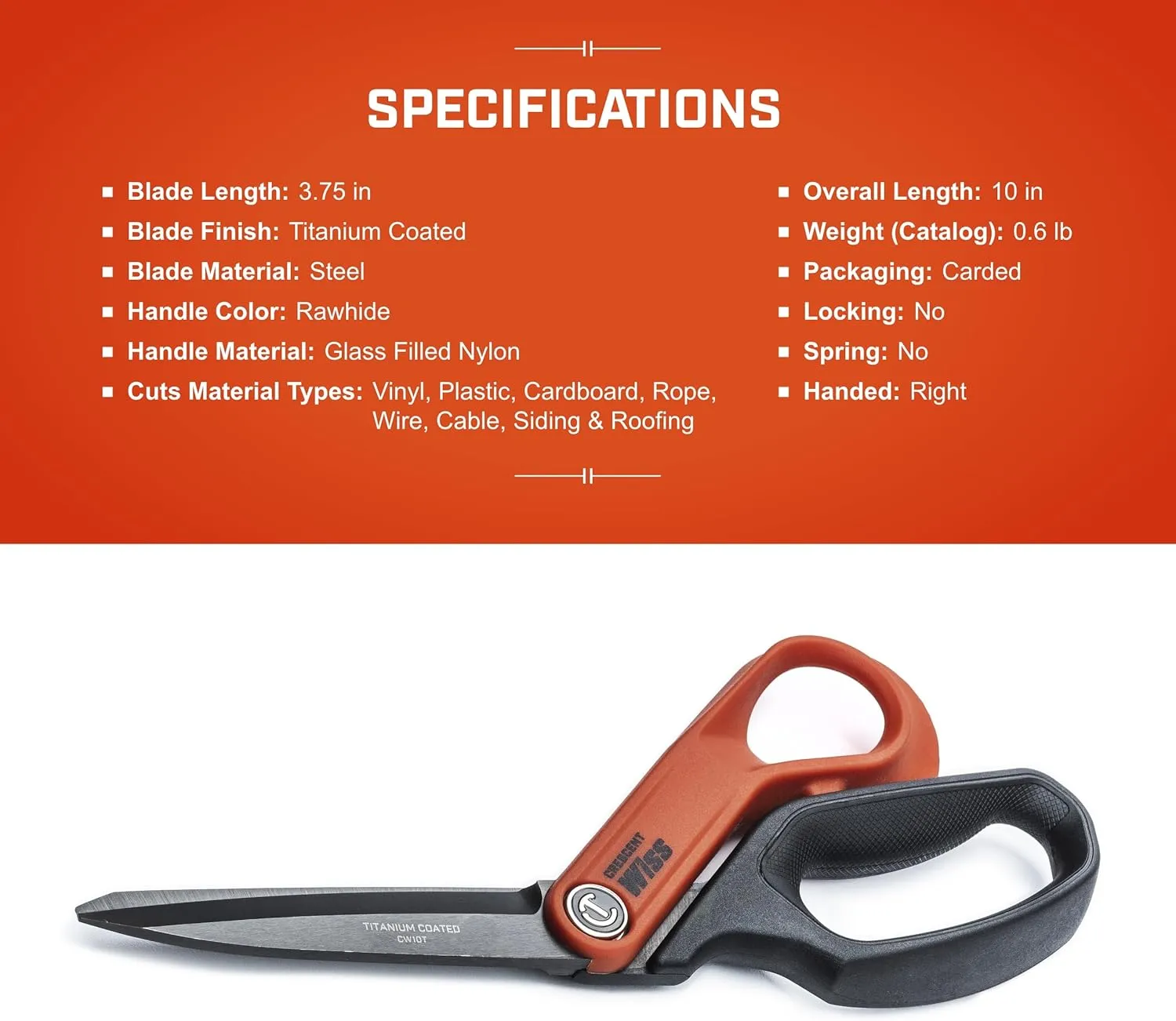 Crescent Wiss 10" Titanium Coated Offset Tradesman Shears - Industrial Heavy Duty Utility Shears Scissors for Cutting Leather, Wire, Cardboard - Right-Hand - CW10T