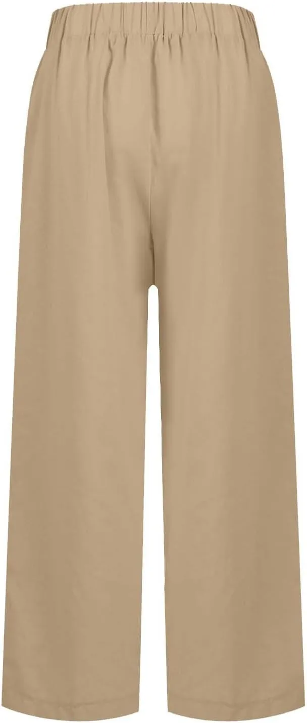 Cropped Linen Pants Women Summer Elastic Waist Straight Leg Plus Size Crop Pants Casual Beach Trousers with Pockets