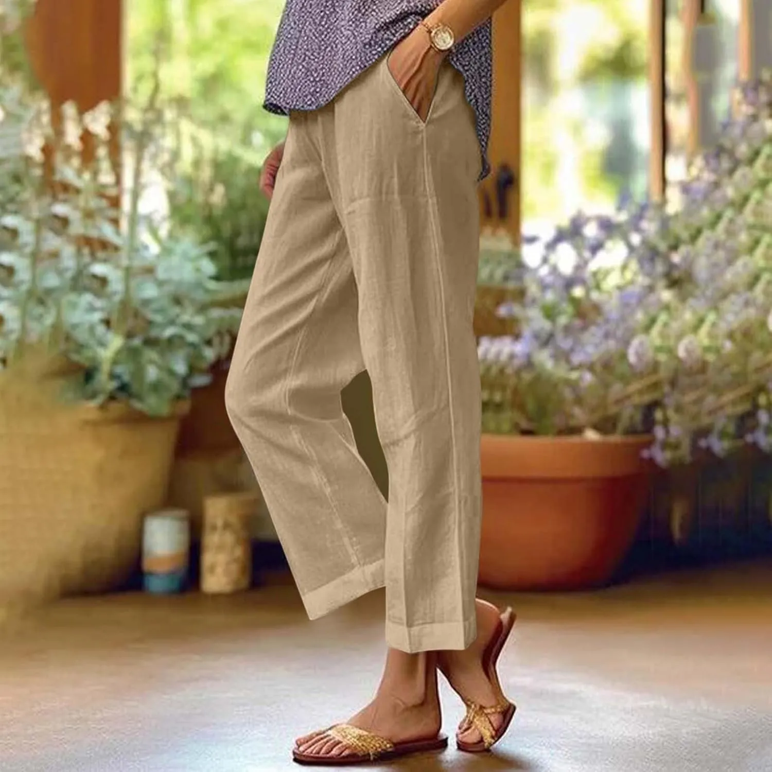 Cropped Linen Pants Women Summer Elastic Waist Straight Leg Plus Size Crop Pants Casual Beach Trousers with Pockets