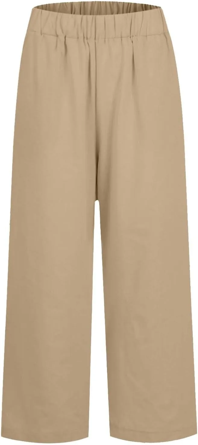 Cropped Linen Pants Women Summer Elastic Waist Straight Leg Plus Size Crop Pants Casual Beach Trousers with Pockets