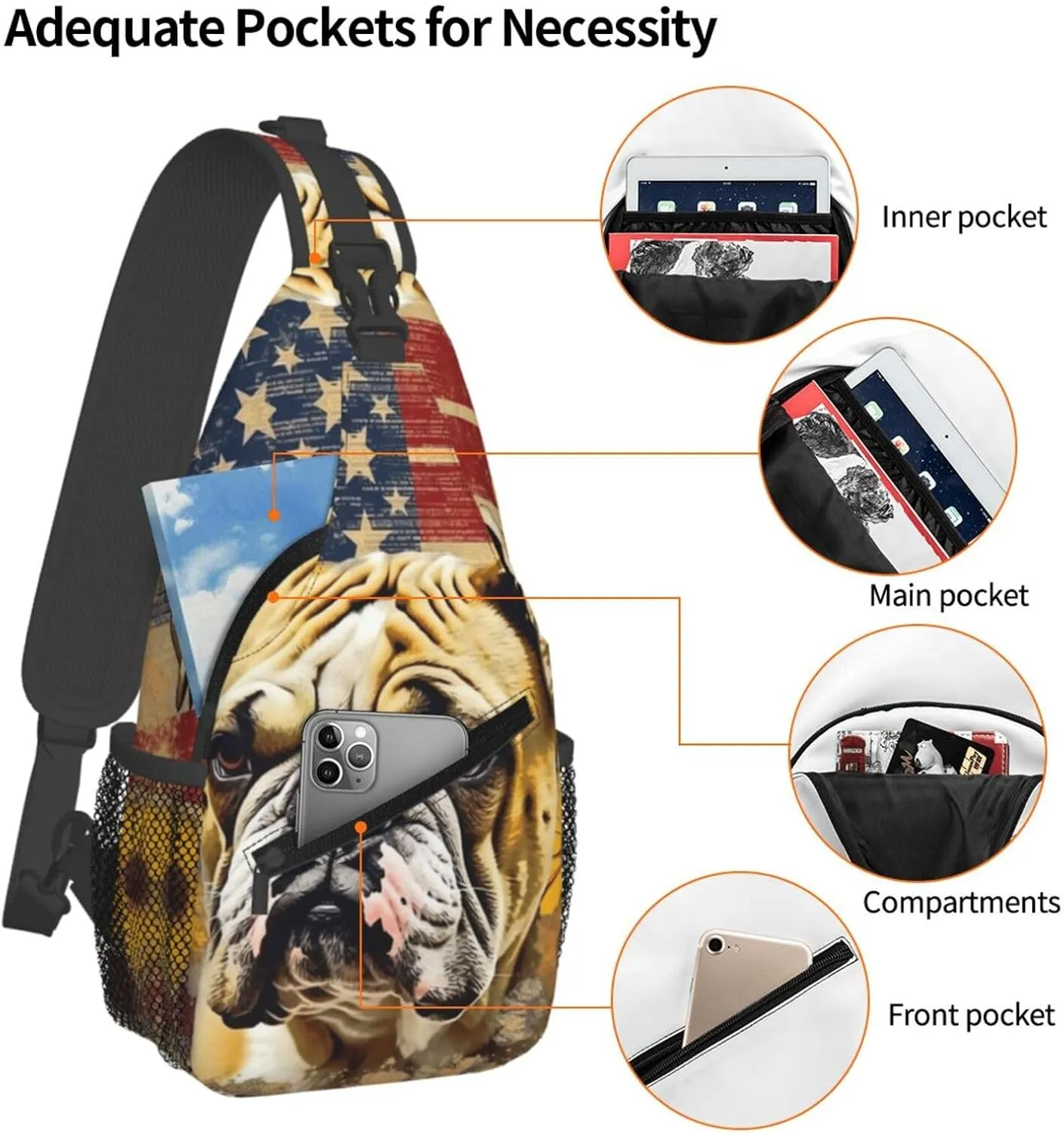 Crossbody Bag for Women Men Flag and Bulldog Chest Bag Crossbody Sling Bag Adjustable Shoulder Bag