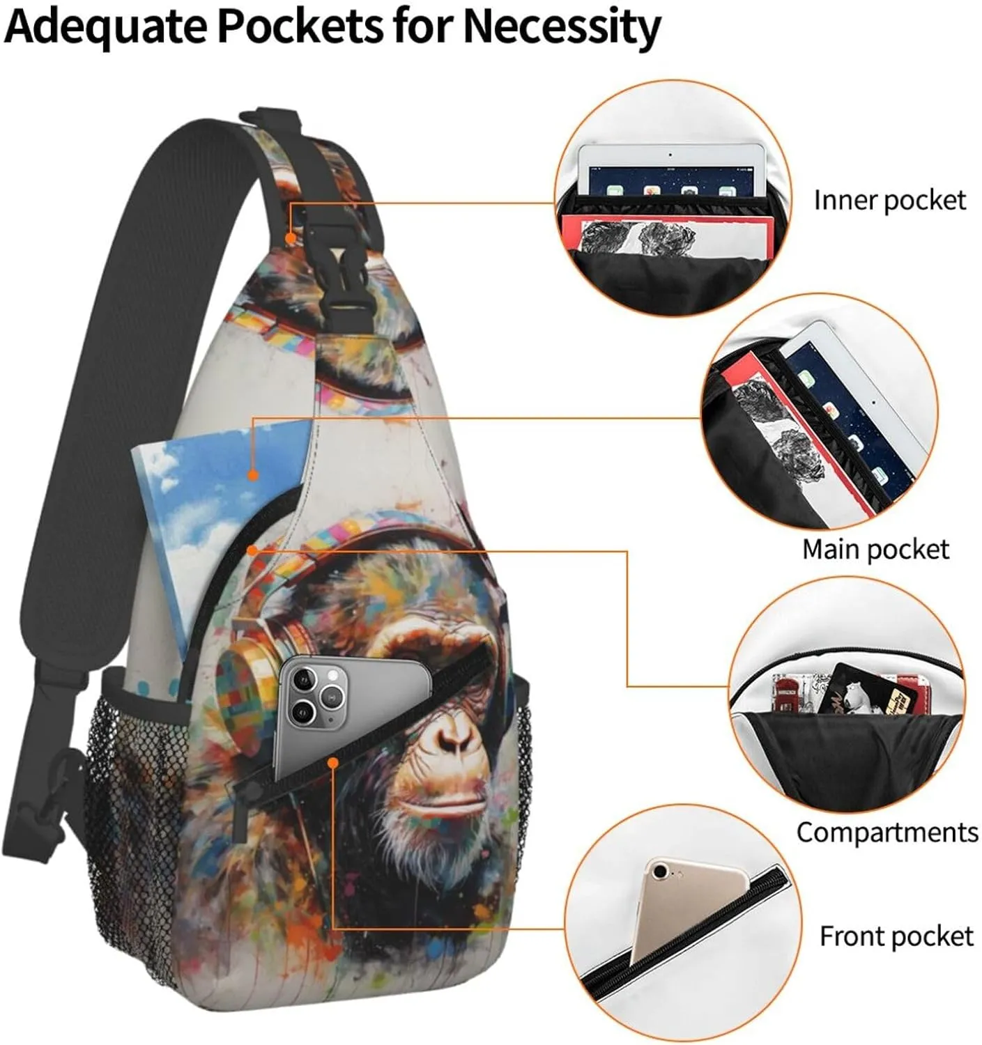Crossbody Bag for Women Men Music Monkey Chest Bag Crossbody Sling Bag Adjustable Shoulder Bag