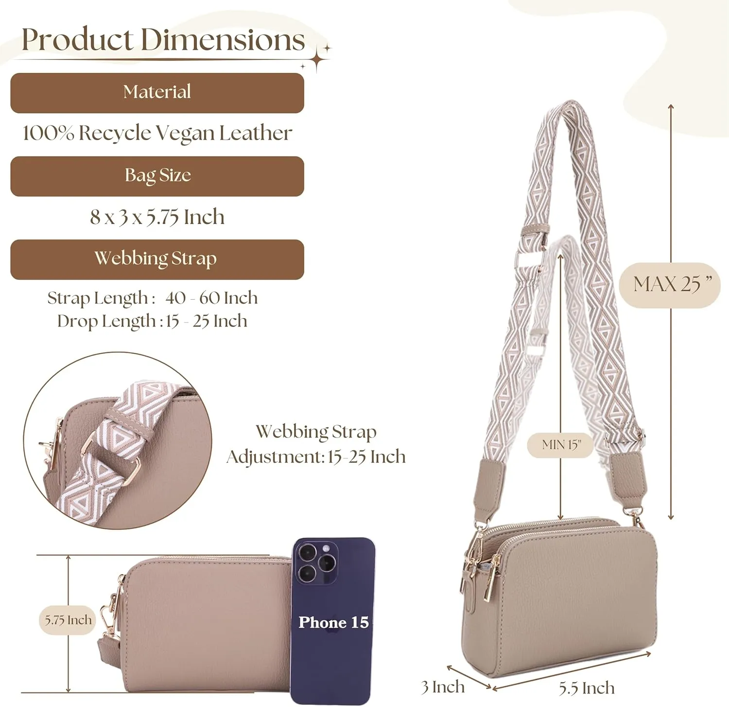 Crossbody Bag for Women Shoulder Bag for Women with Web Strap Camera Bag Handbag for Travel, Work