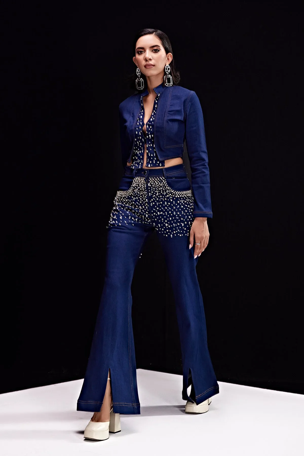 Crystal Embellished Denim Pants With Bolero Jacket
