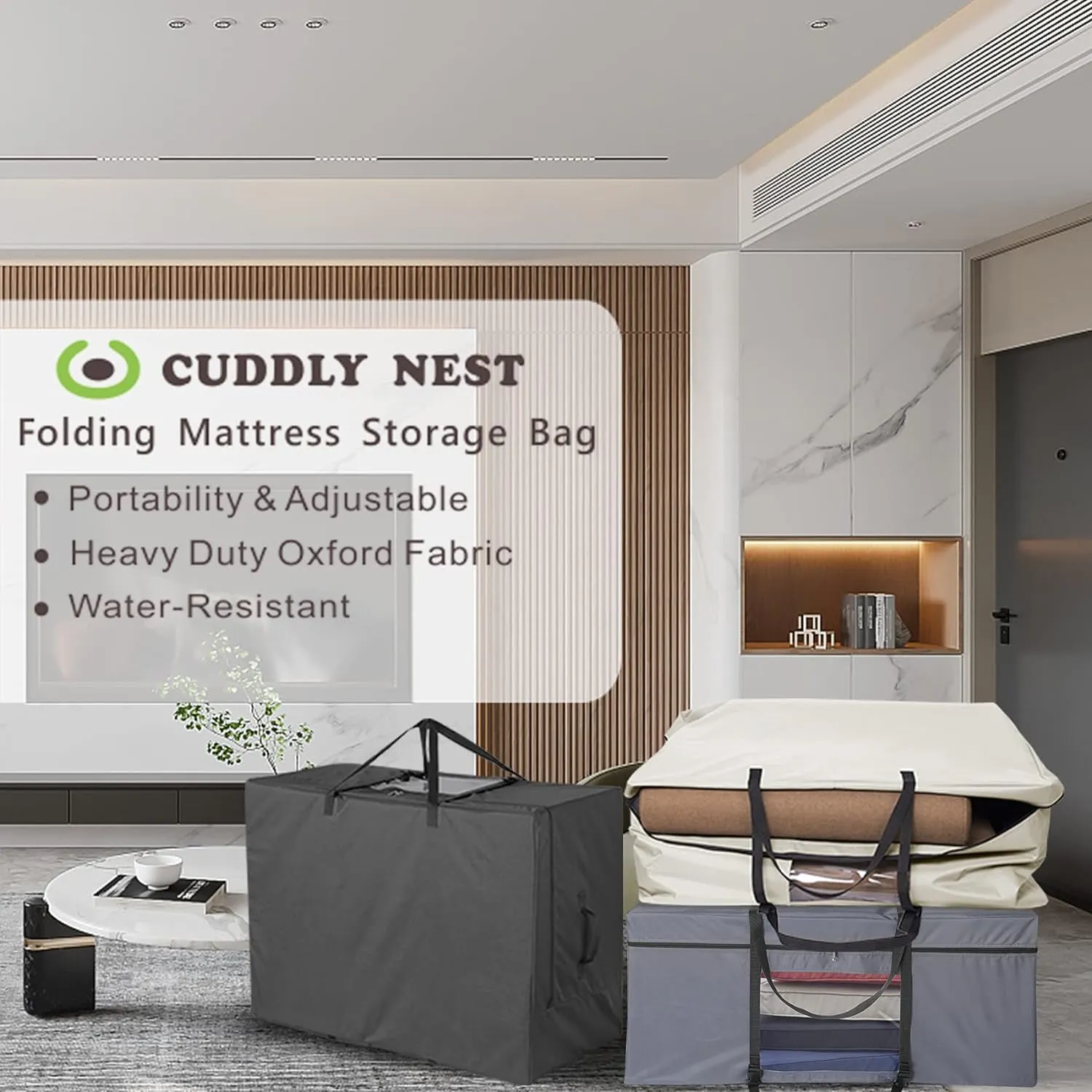 Cuddly Nest Folding Mattress Storage Bag - Heavy Duty Carry Case for Tri-Fold Guest Bed (Fits 6" Twin & Twin XL Mattress,Grey)