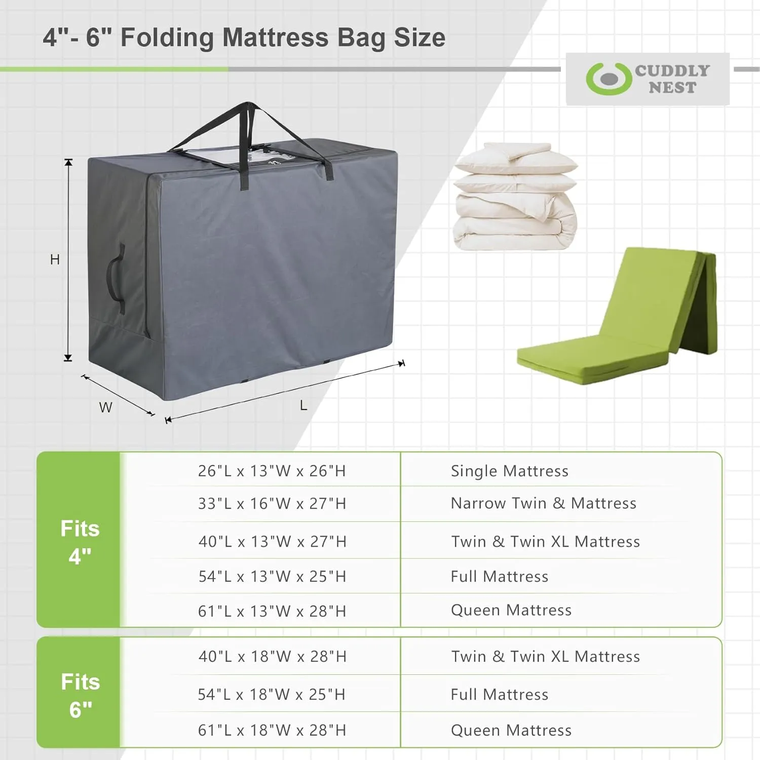 Cuddly Nest Folding Mattress Storage Bag - Heavy Duty Carry Case for Tri-Fold Guest Bed (Fits 6" Twin & Twin XL Mattress,Grey)