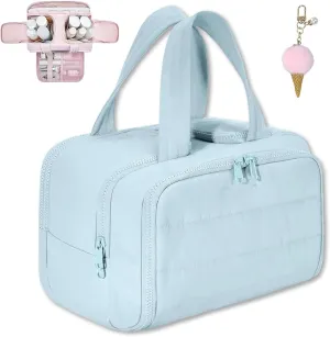 Curetoaway Travel Cosmetic Bag,Large Capacity Wide-Open Travel Cosmetic Bag,Hanging Makeup Bag,Toiletry Bags for Women with Divider and Handle,Waterproof Portable Pouch (Blue)