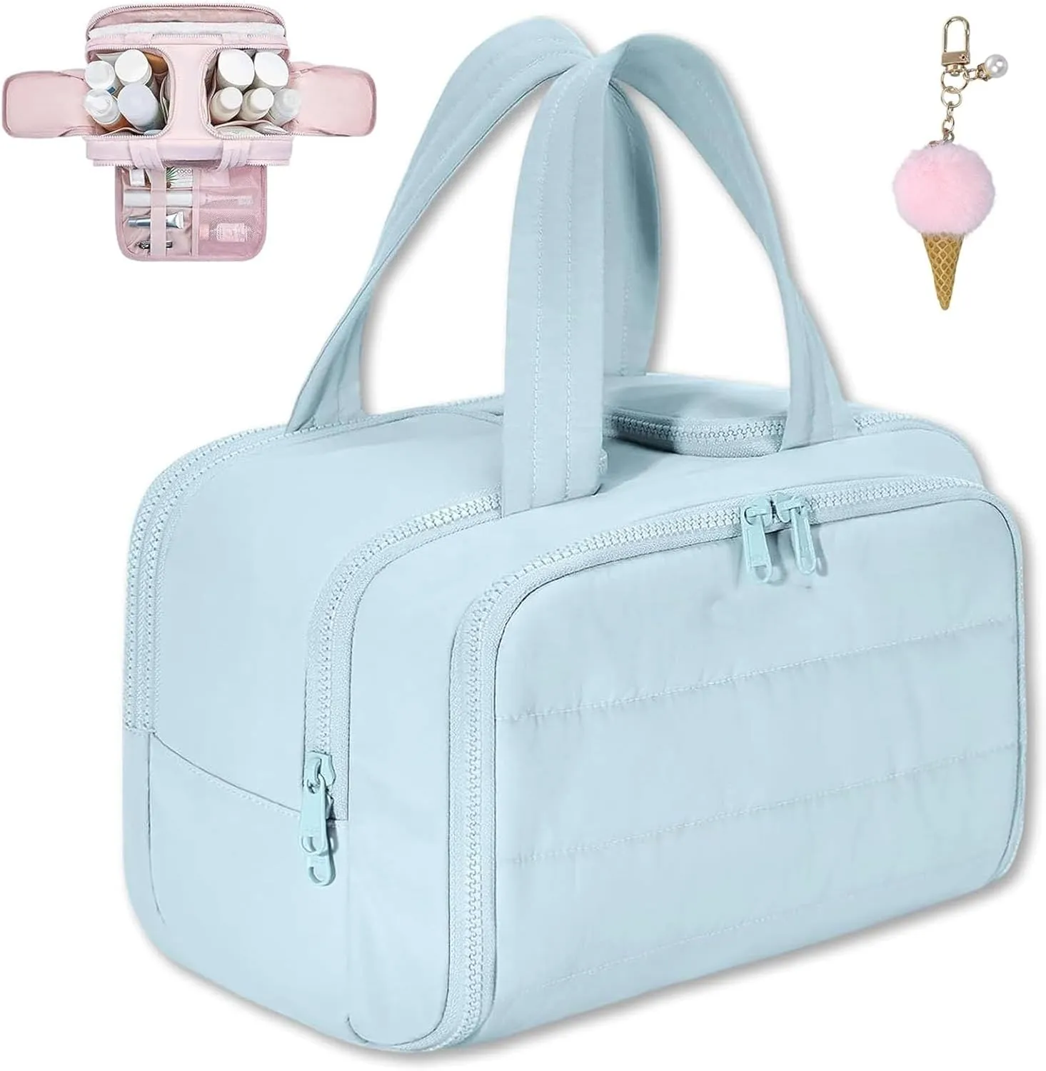 Curetoaway Travel Cosmetic Bag,Large Capacity Wide-Open Travel Cosmetic Bag,Hanging Makeup Bag,Toiletry Bags for Women with Divider and Handle,Waterproof Portable Pouch (Blue)
