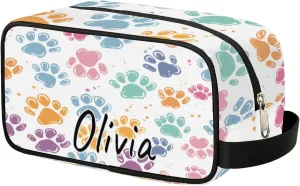 Custom Dogs Cat Pet Paw Makeup Bag with Name Personalized Waterproof Toiletry Bag Customized Abstract Animal Footprint Cosmetic Bag for Women Men