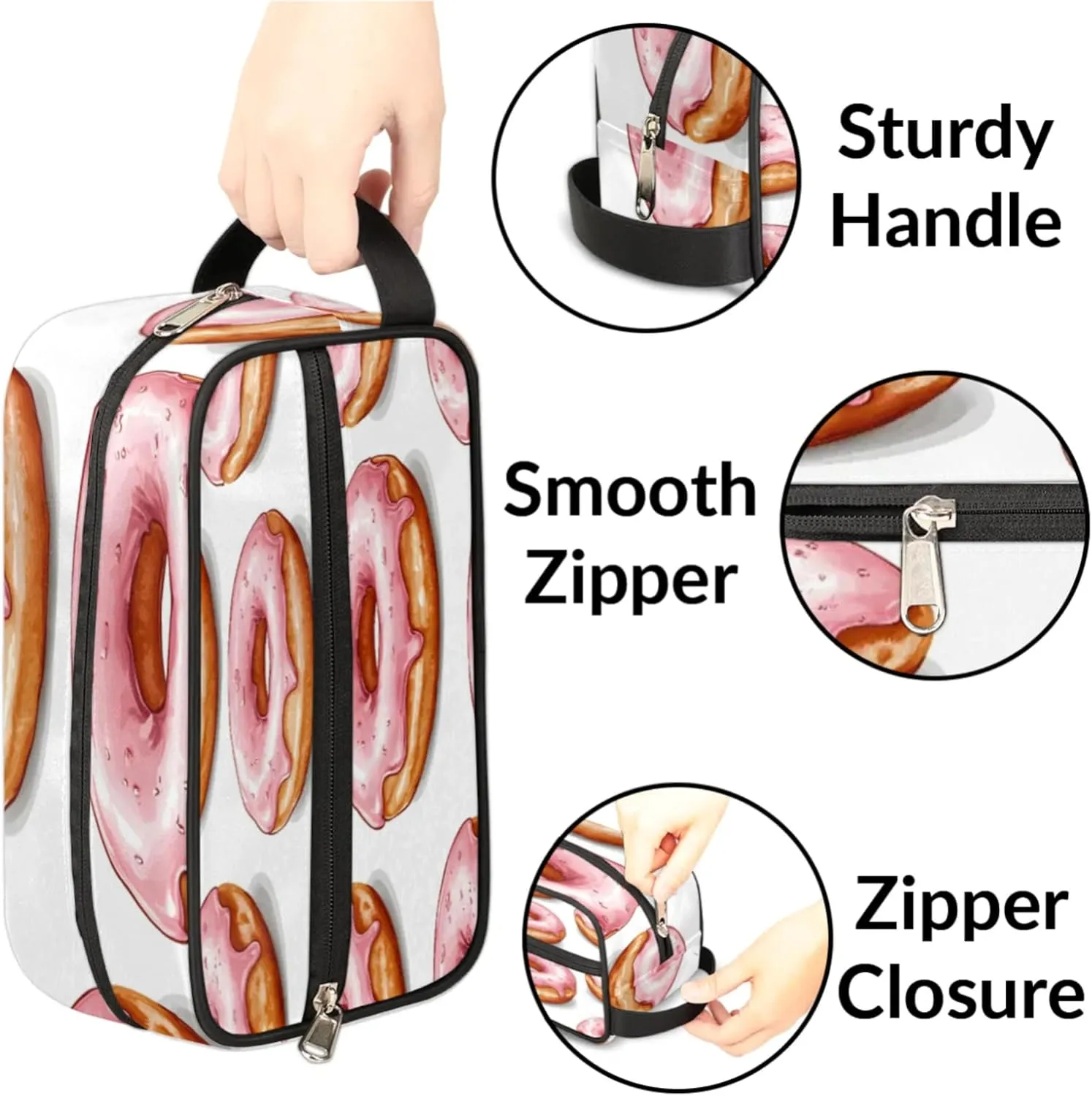 Custom Donuts Makeup Bag with Name Personalized Waterproof Toiletry Bag Customized Sweets Dessert Food Theme Cosmetic Bag for Women Men