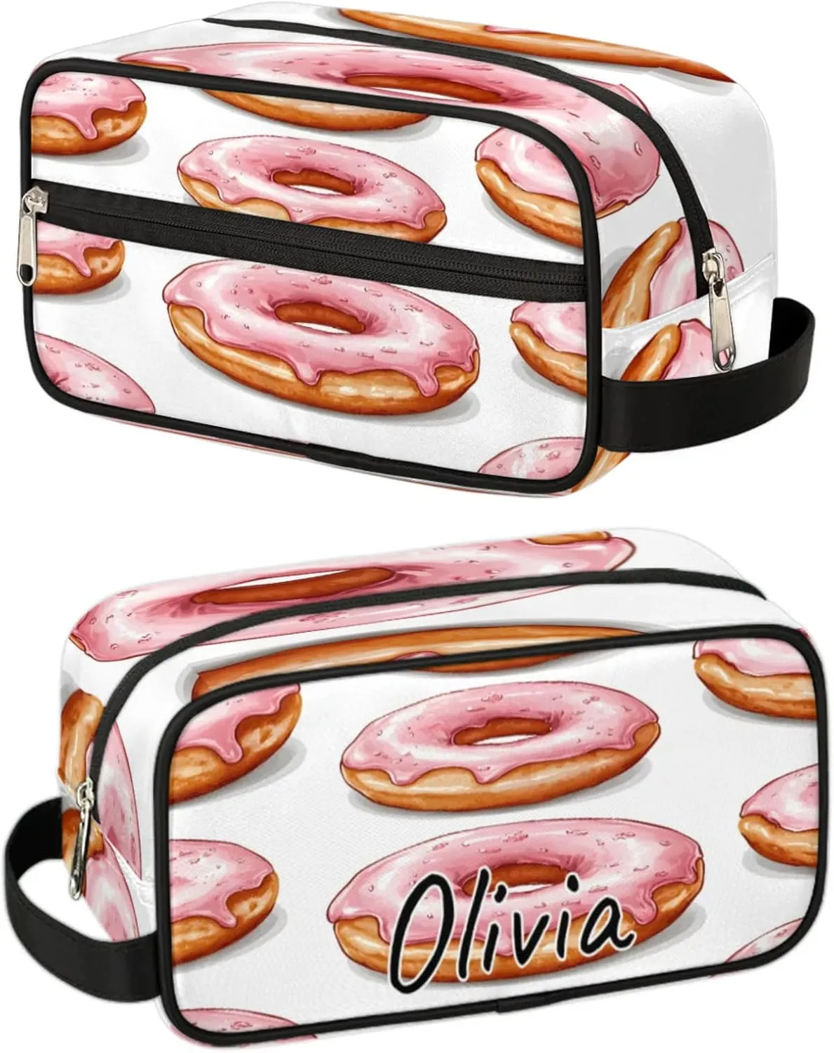 Custom Donuts Makeup Bag with Name Personalized Waterproof Toiletry Bag Customized Sweets Dessert Food Theme Cosmetic Bag for Women Men