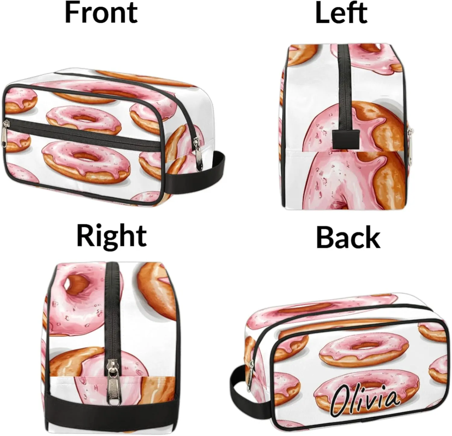 Custom Donuts Makeup Bag with Name Personalized Waterproof Toiletry Bag Customized Sweets Dessert Food Theme Cosmetic Bag for Women Men