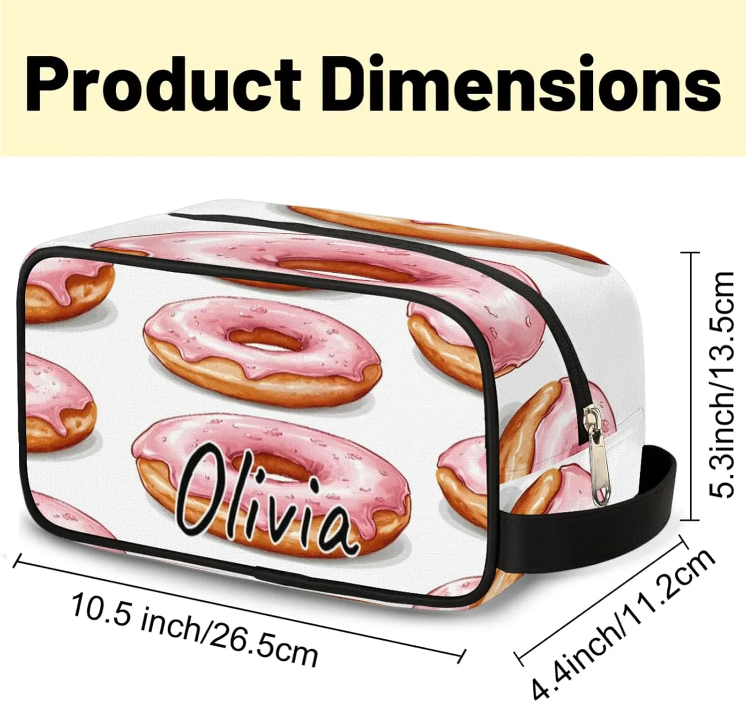 Custom Donuts Makeup Bag with Name Personalized Waterproof Toiletry Bag Customized Sweets Dessert Food Theme Cosmetic Bag for Women Men
